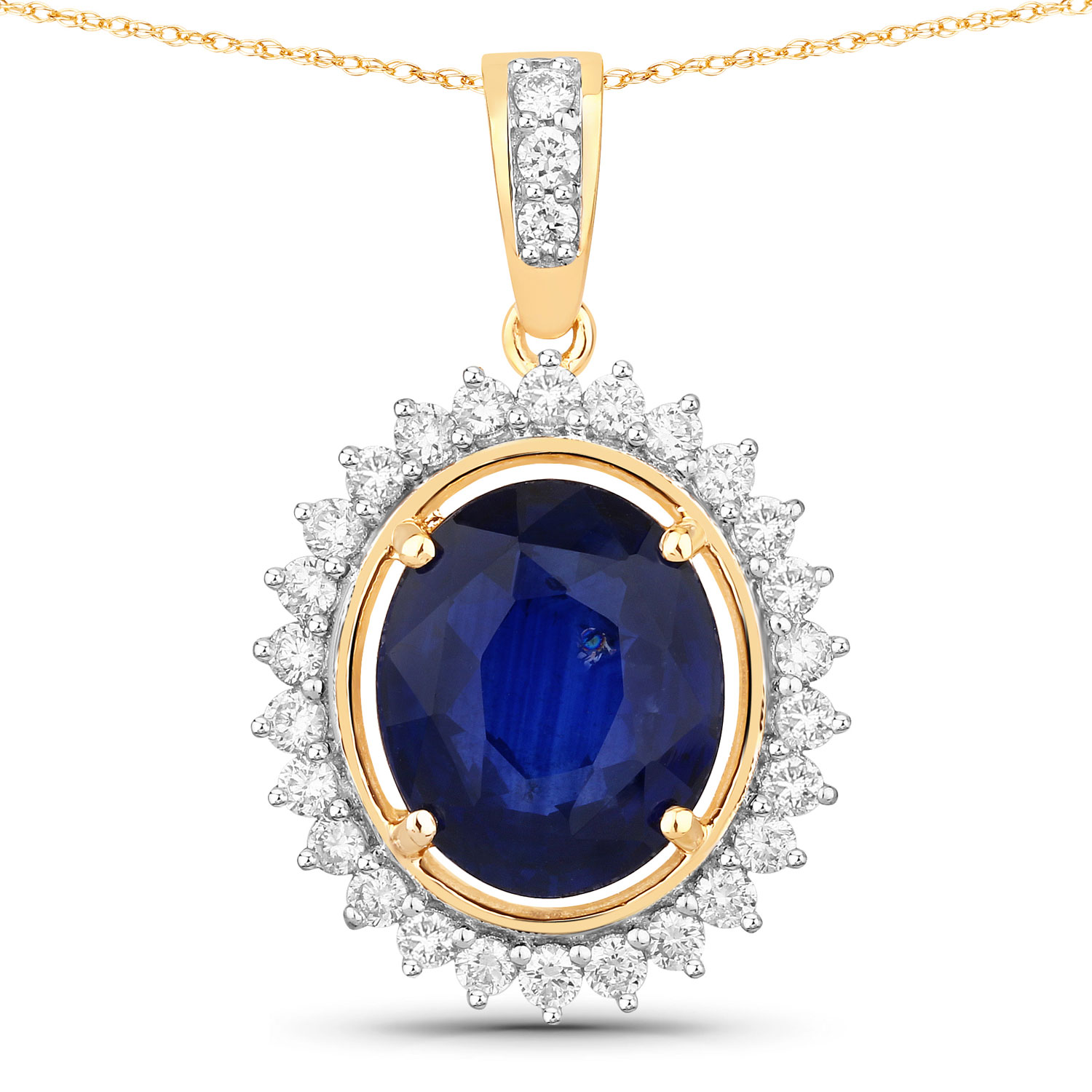 18K Yellow Gold No Chain Pendant 3.71 Sapphire Oval Cut White Diamond 0.41ct (Vault_Q)