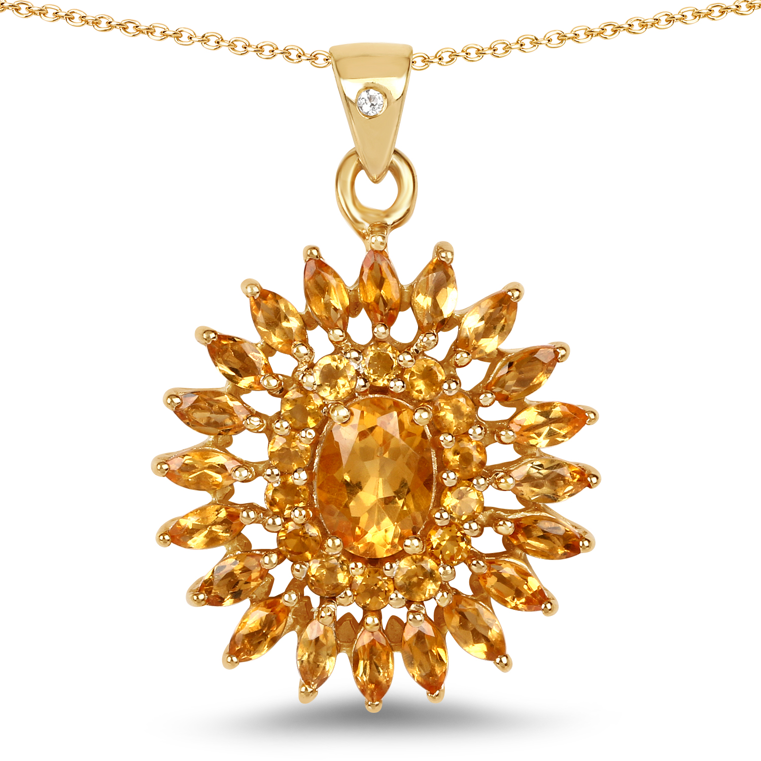 14K Yellow Gold Plated 3.25 Carat Genuine Golden Citrine & White Topaz .925 Sterling Silver Pendant
