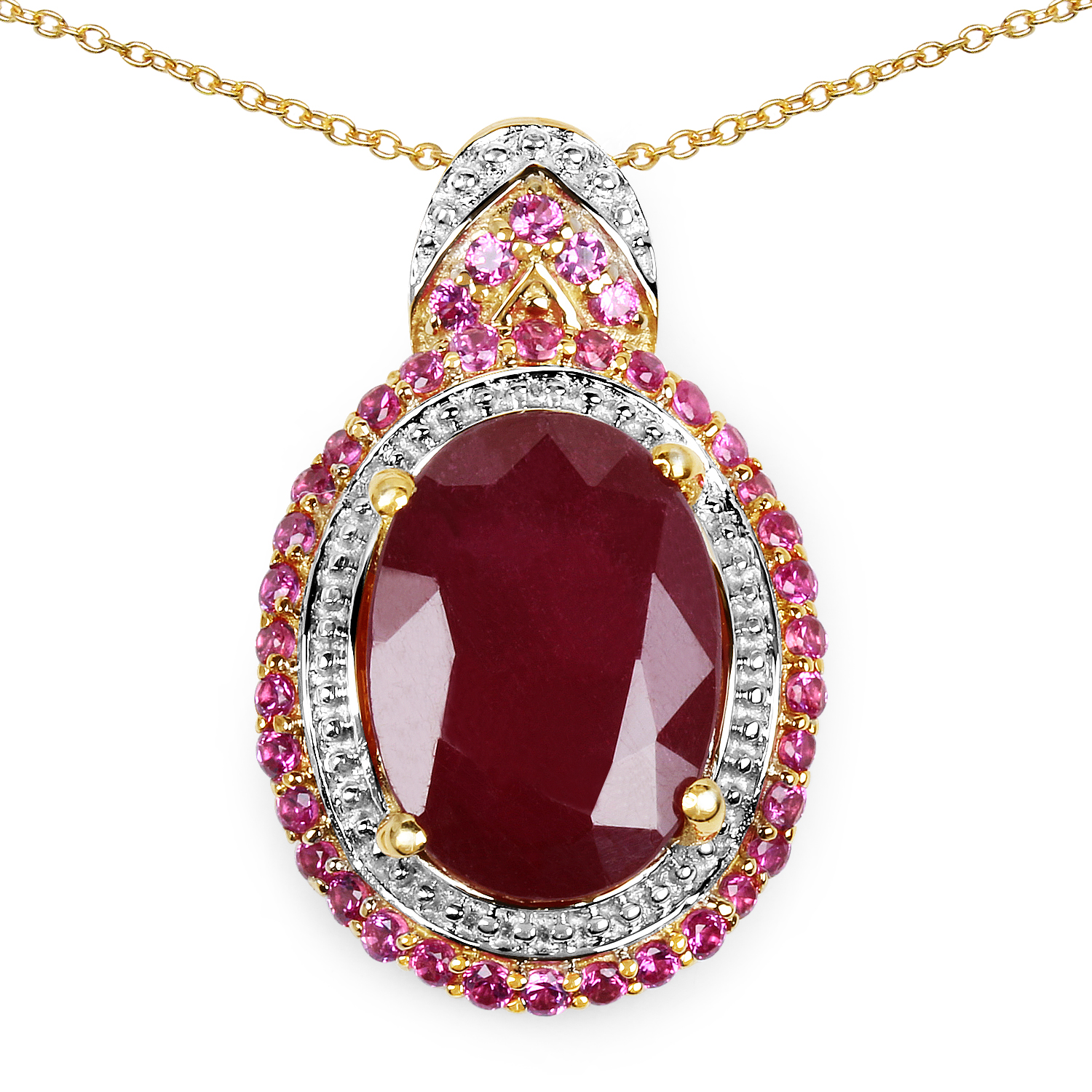 14K Yellow Gold Plated 8.87 Carat Glass Filled Ruby and Ruby .925 Sterling Silver Pendant