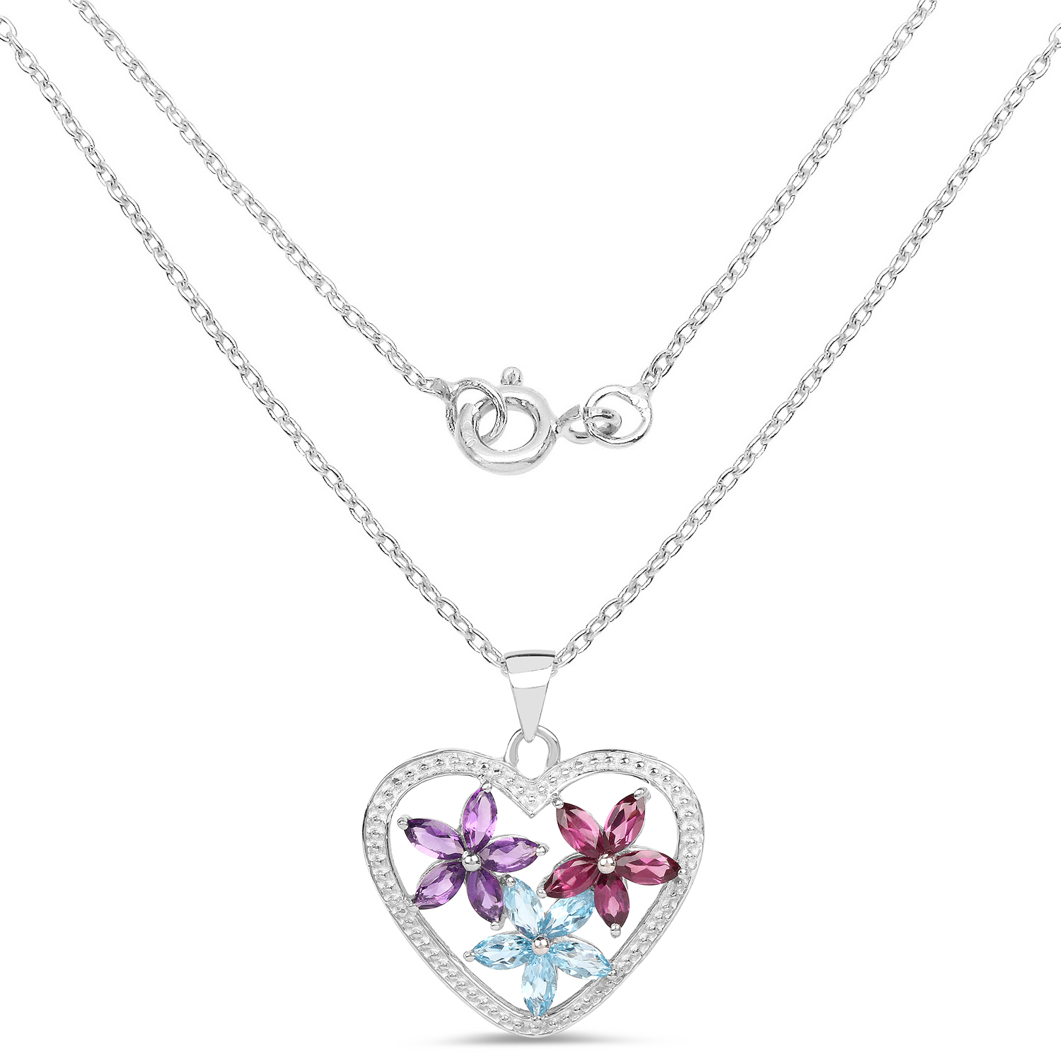 2.35 Carat Genuine Amethyst, Swiss Blue Topaz and Rhodolite .925 Sterling Silver Pendant