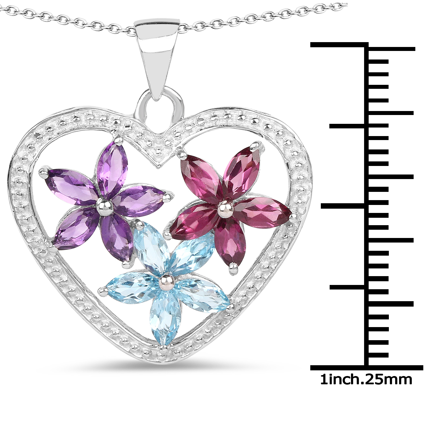 2.35 Carat Genuine Amethyst, Swiss Blue Topaz and Rhodolite .925 Sterling Silver Pendant
