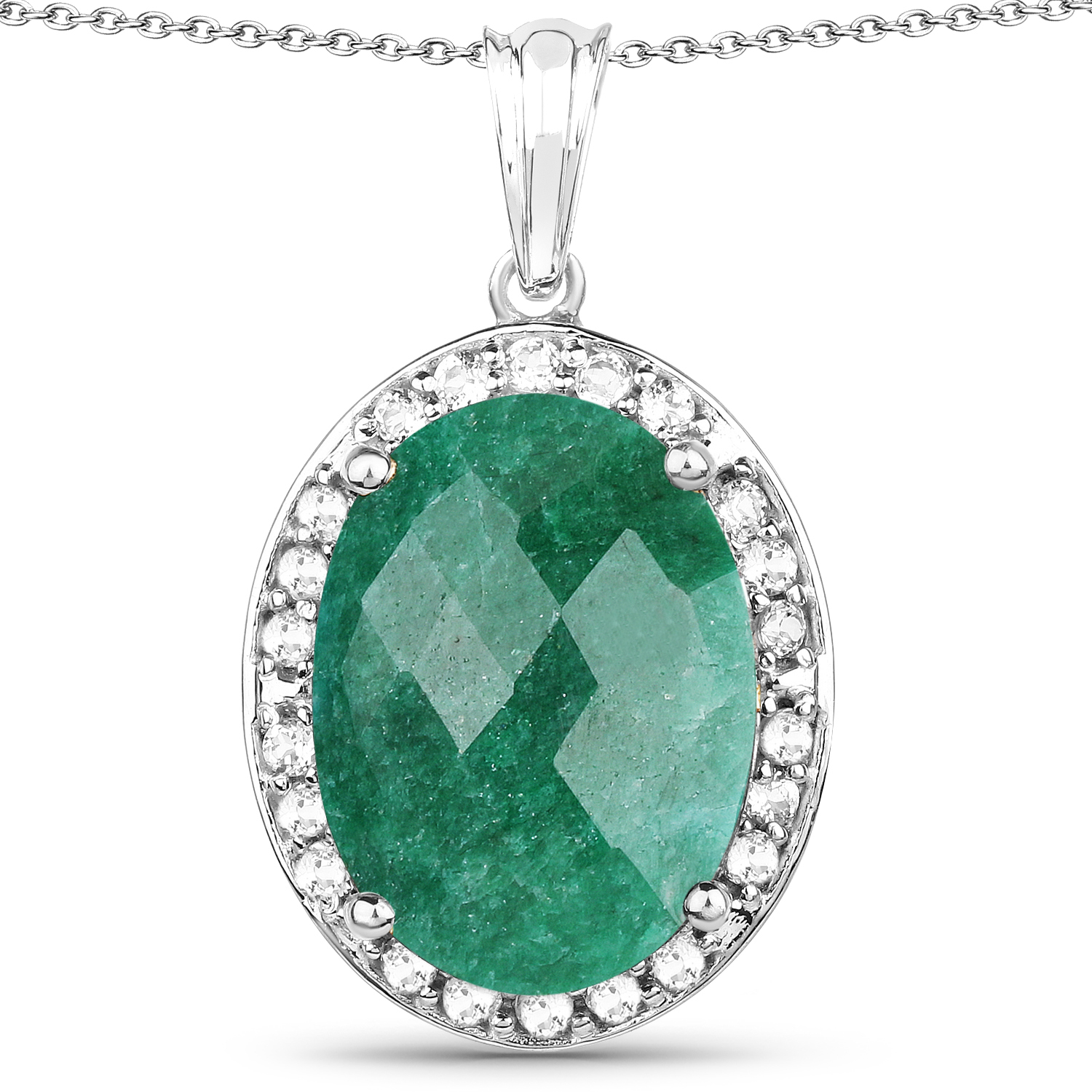 14.38 Carat Dyed Emerald & White Topaz .925 Sterling Silver Pendant