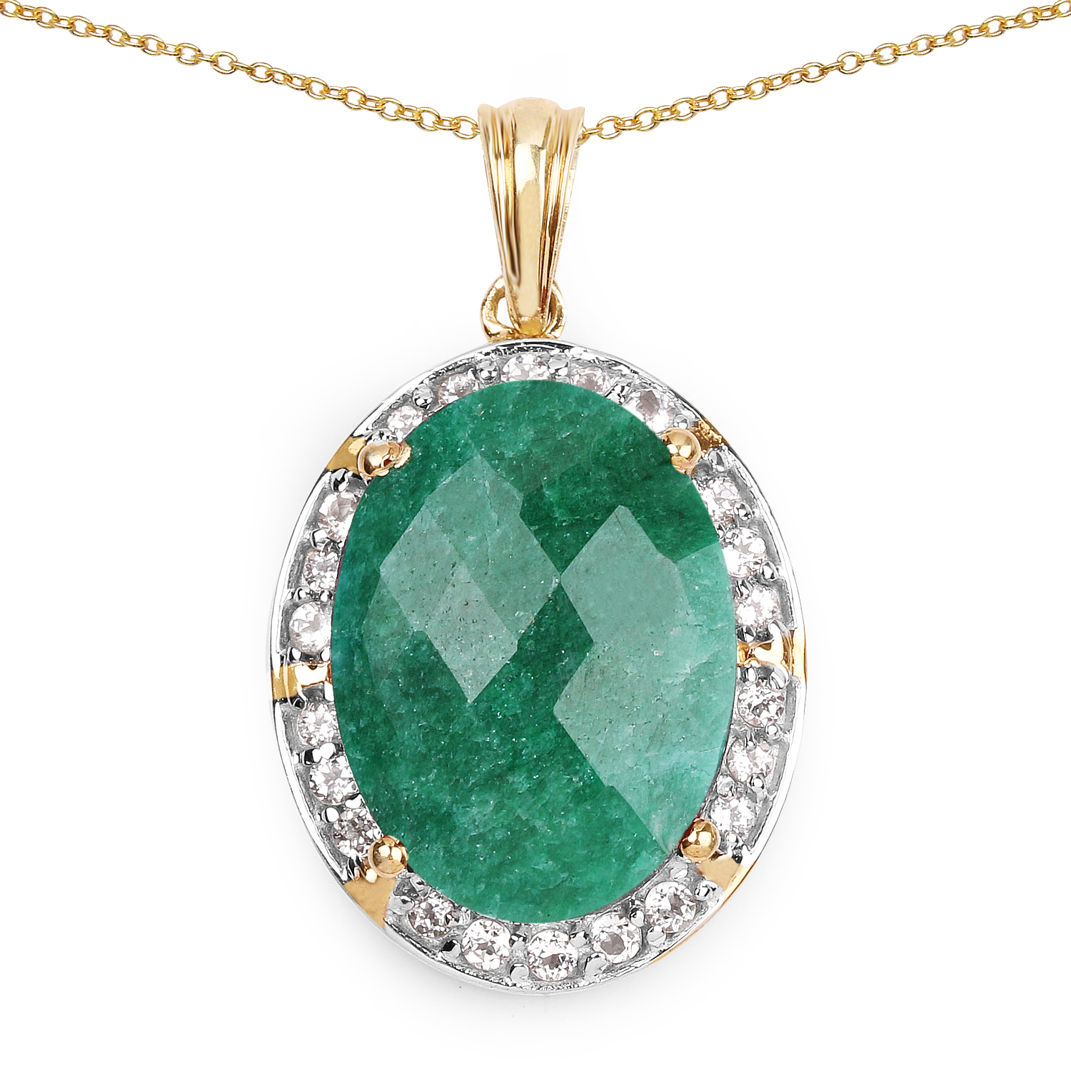 14K Yellow Gold Plated 14.38 Carat Dyed Emerald & White Topaz .925 Sterling Silver Pendant