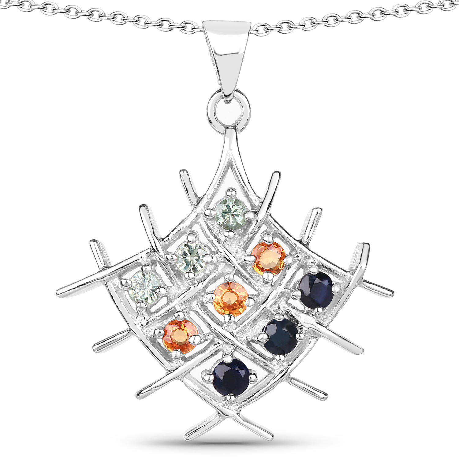 1.20 Carat Genuine Blue Sapphire, Green Sapphire & Orange Sapphire .925 Sterling Silver Pendant