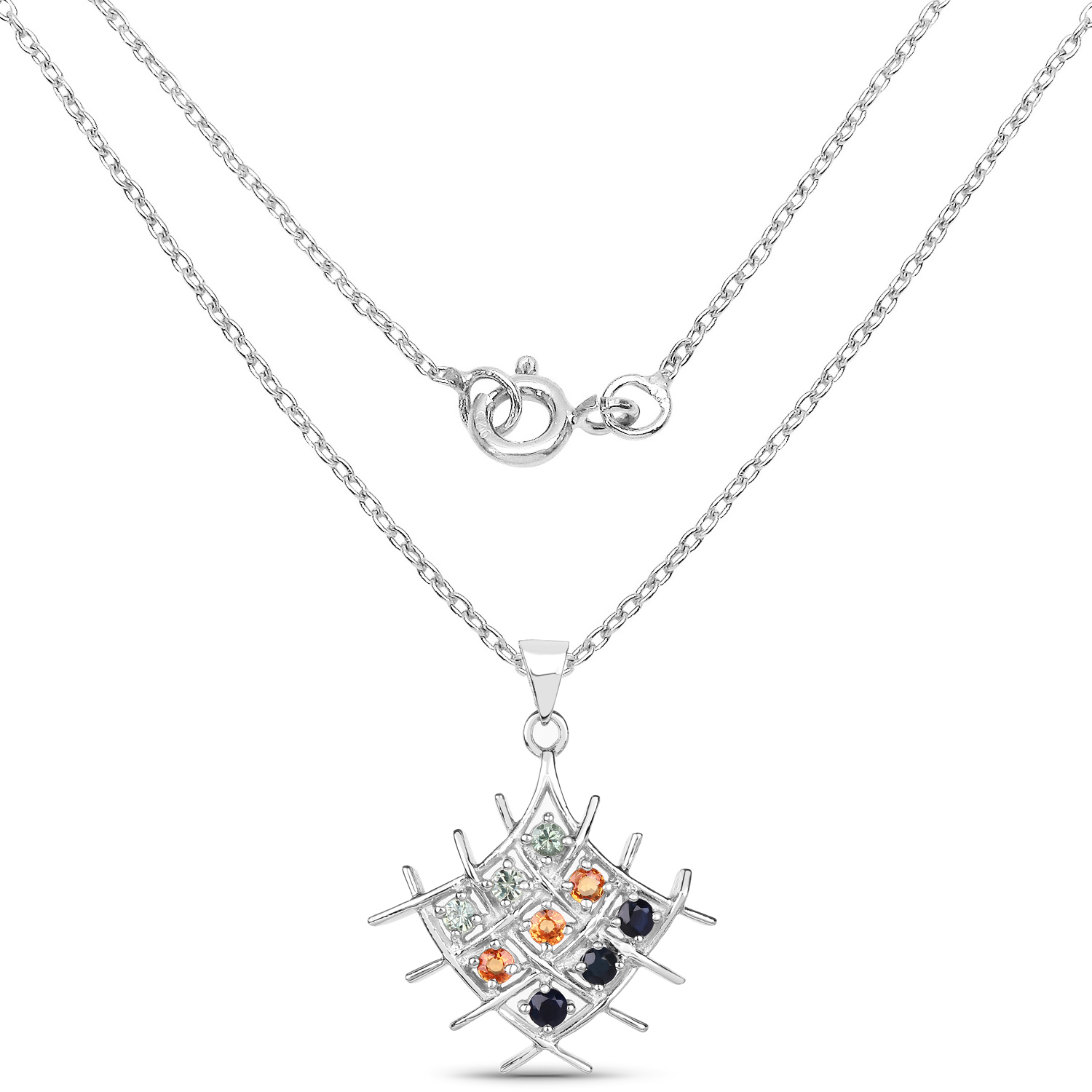 1.20 Carat Genuine Blue Sapphire, Green Sapphire & Orange Sapphire .925 Sterling Silver Pendant