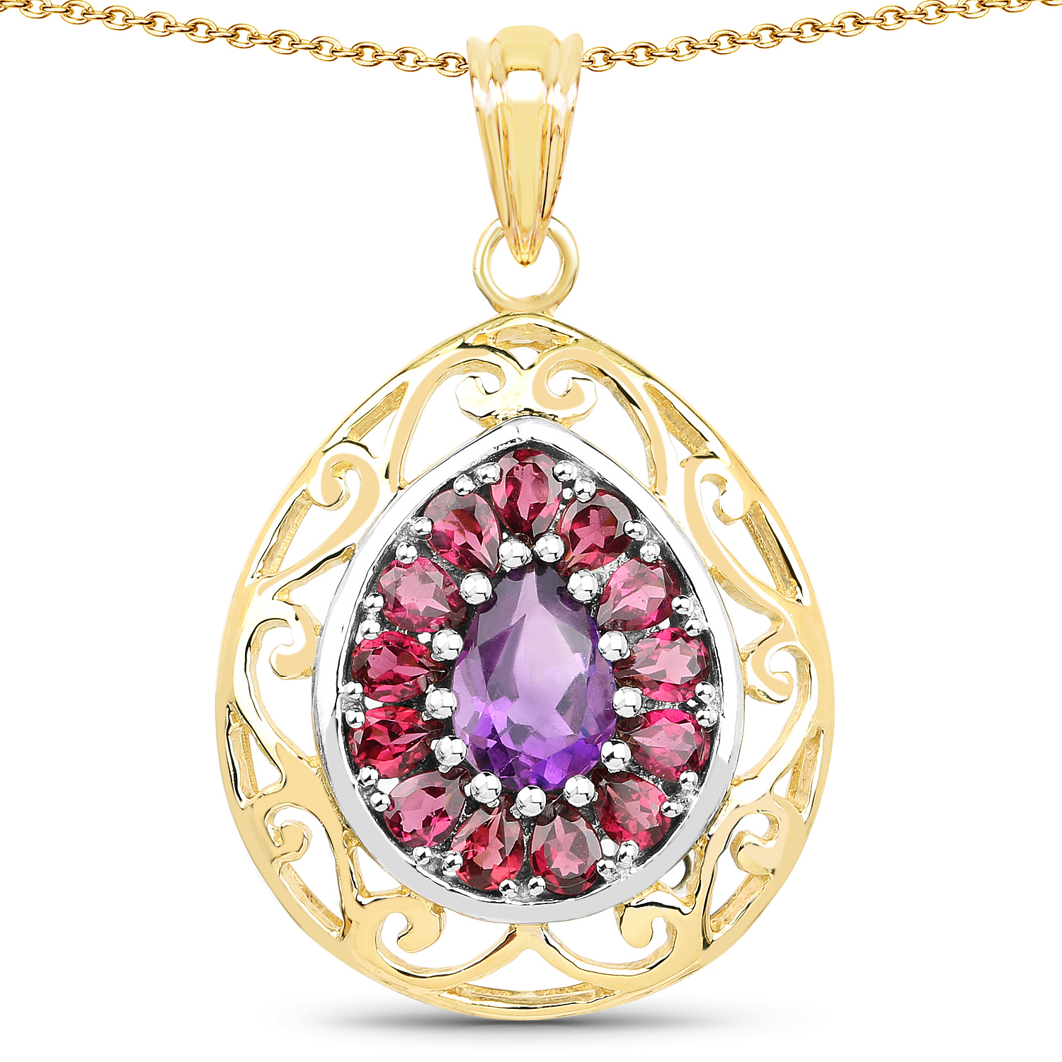 14K Yellow Gold Plated 3.95 Carat Genuine Amethyst & Rhodolite .925 Sterling Silver Pendant