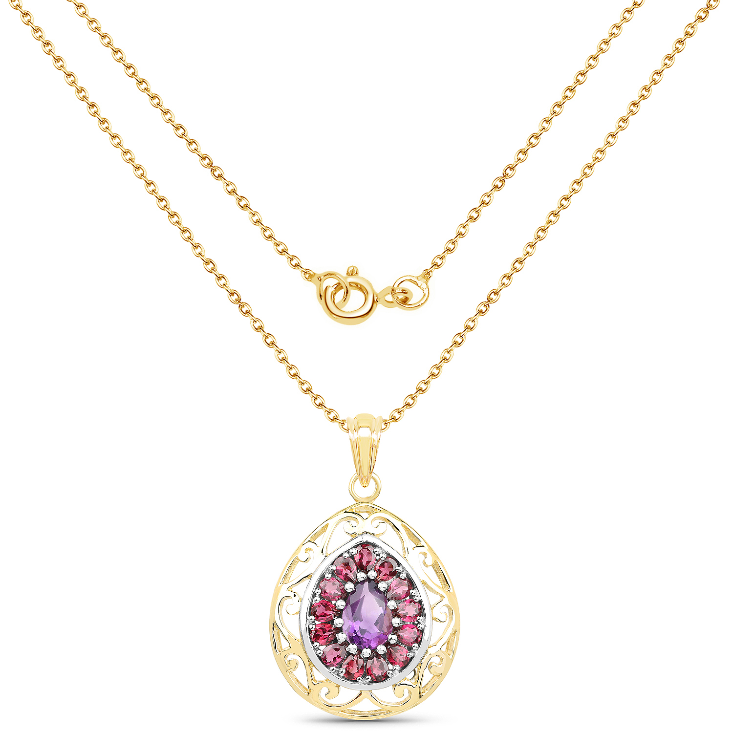 14K Yellow Gold Plated 3.95 Carat Genuine Amethyst & Rhodolite .925 Sterling Silver Pendant