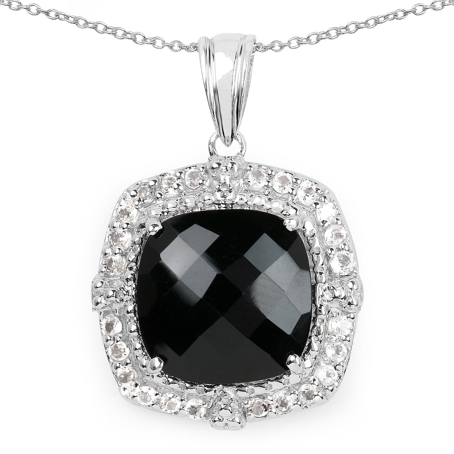 9.47 Carat Genuine Black Onyx and White Topaz .925 Sterling Silver Pendant