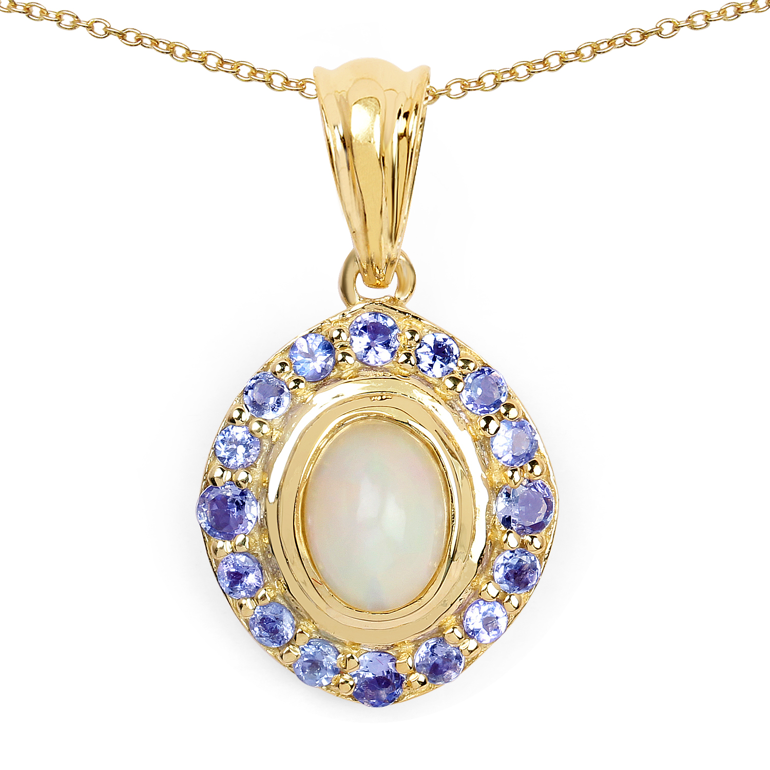 14K Yellow Gold Plated 1.53 Carat Genuine Ethiopian Opal & Tanzanite .925 Sterling Silver Pendant