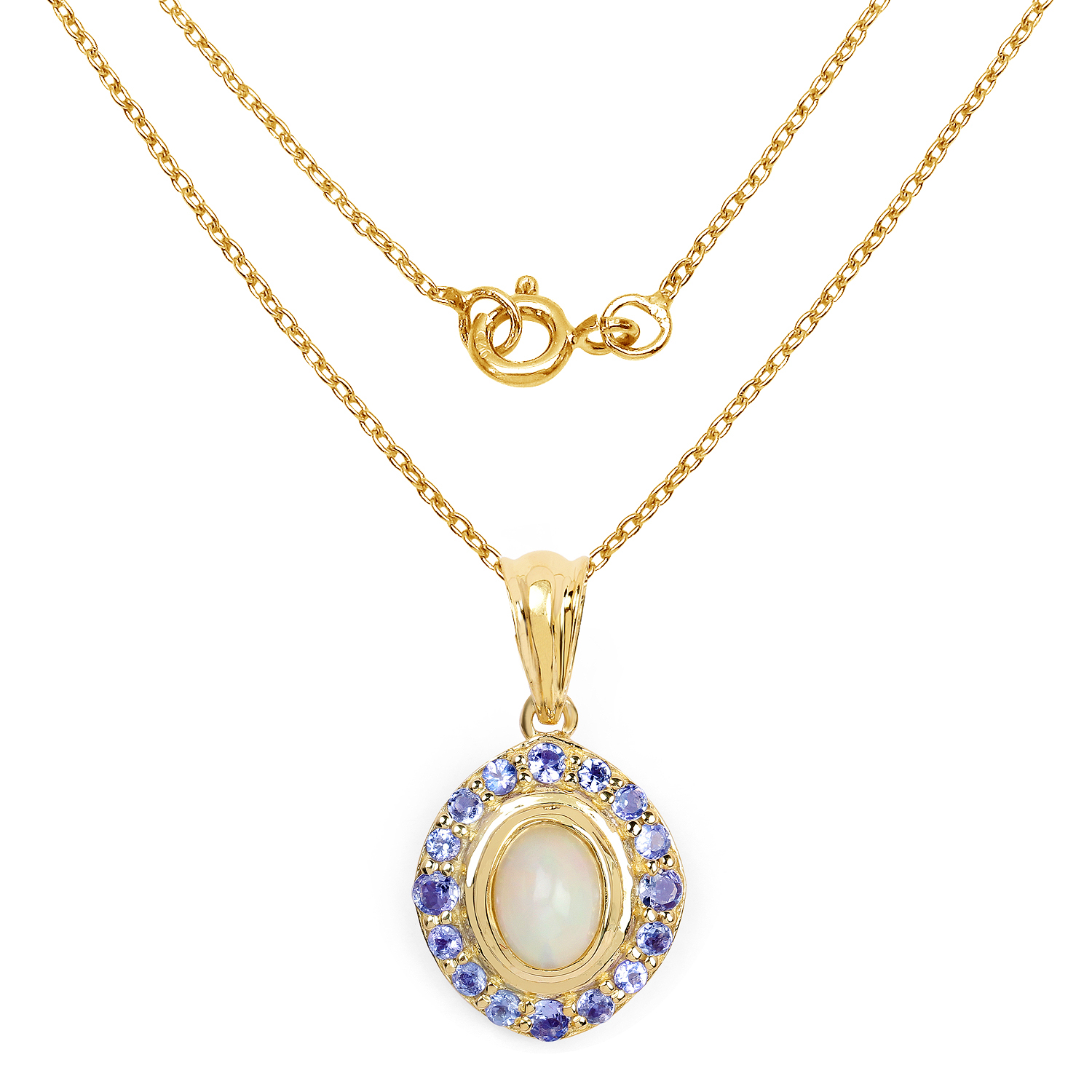 14K Yellow Gold Plated 1.53 Carat Genuine Ethiopian Opal & Tanzanite .925 Sterling Silver Pendant