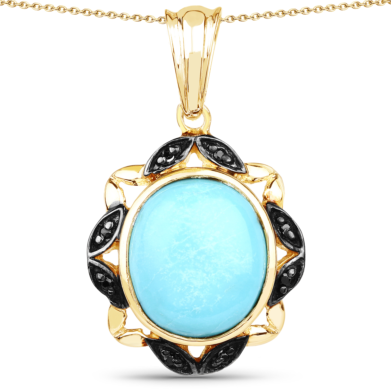 14K Yellow Gold Plated 7.33 Carat Genuine Turquoise and Black Spinel .925 Sterling Silver Pendant