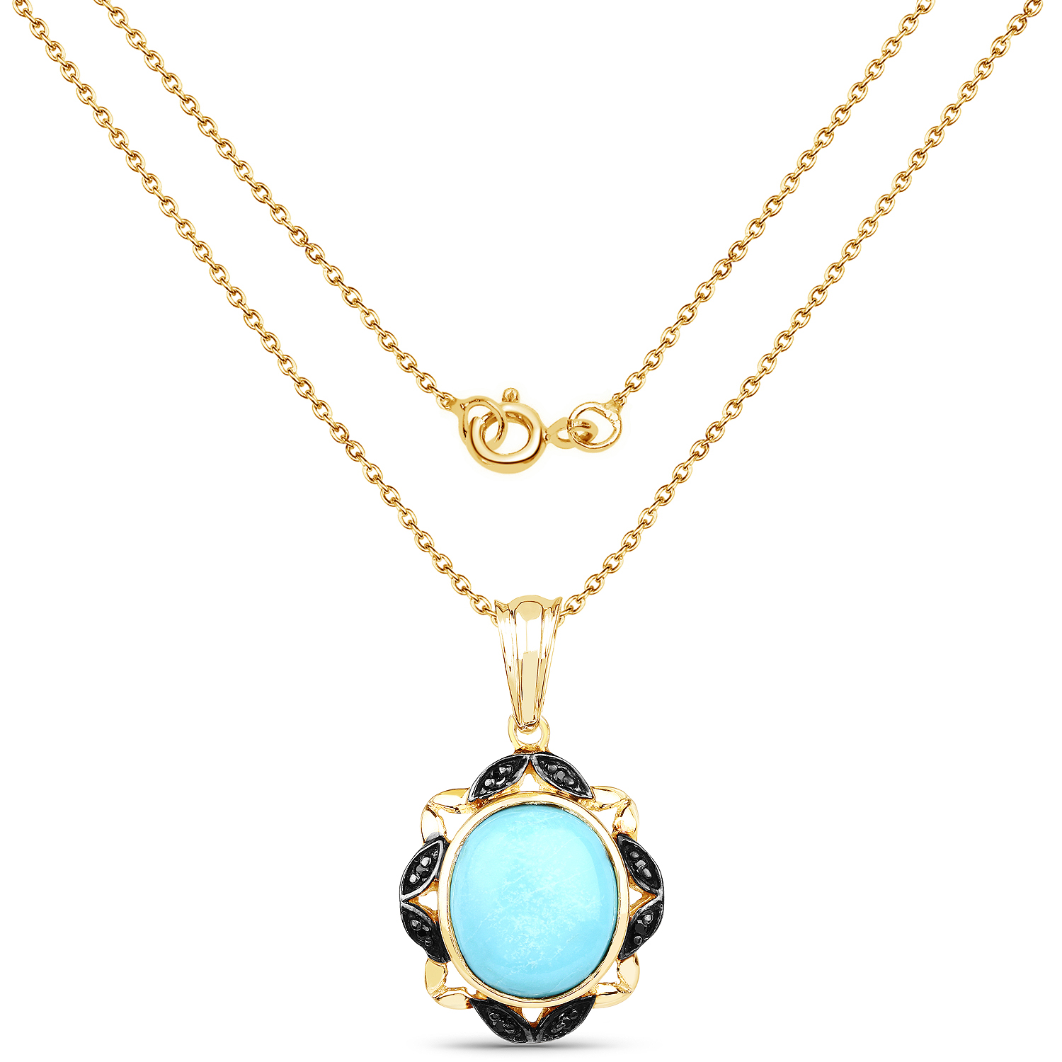 14K Yellow Gold Plated 7.33 Carat Genuine Turquoise and Black Spinel .925 Sterling Silver Pendant