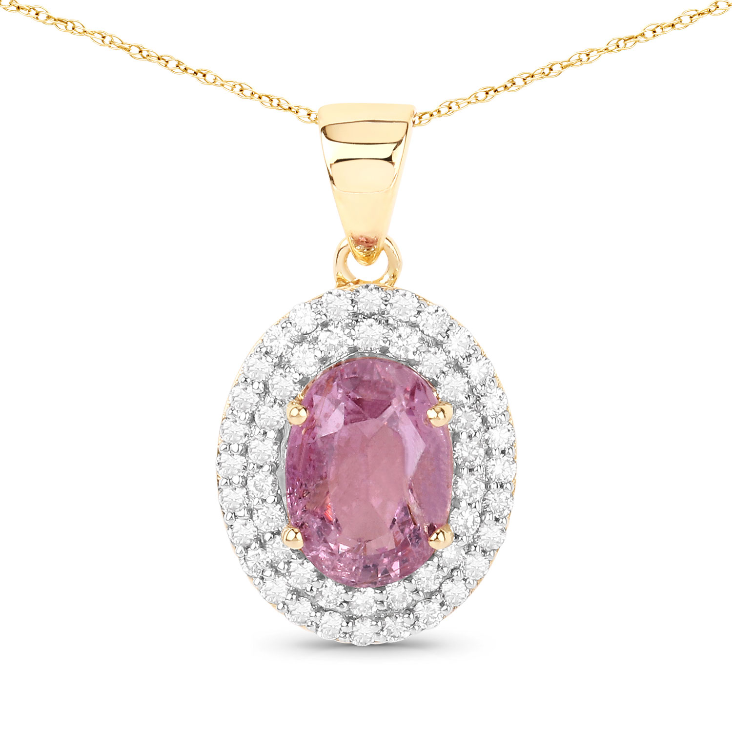 2.53 Carat Genuine Pink Sapphire and White Diamond 14K Yellow Gold Pendant