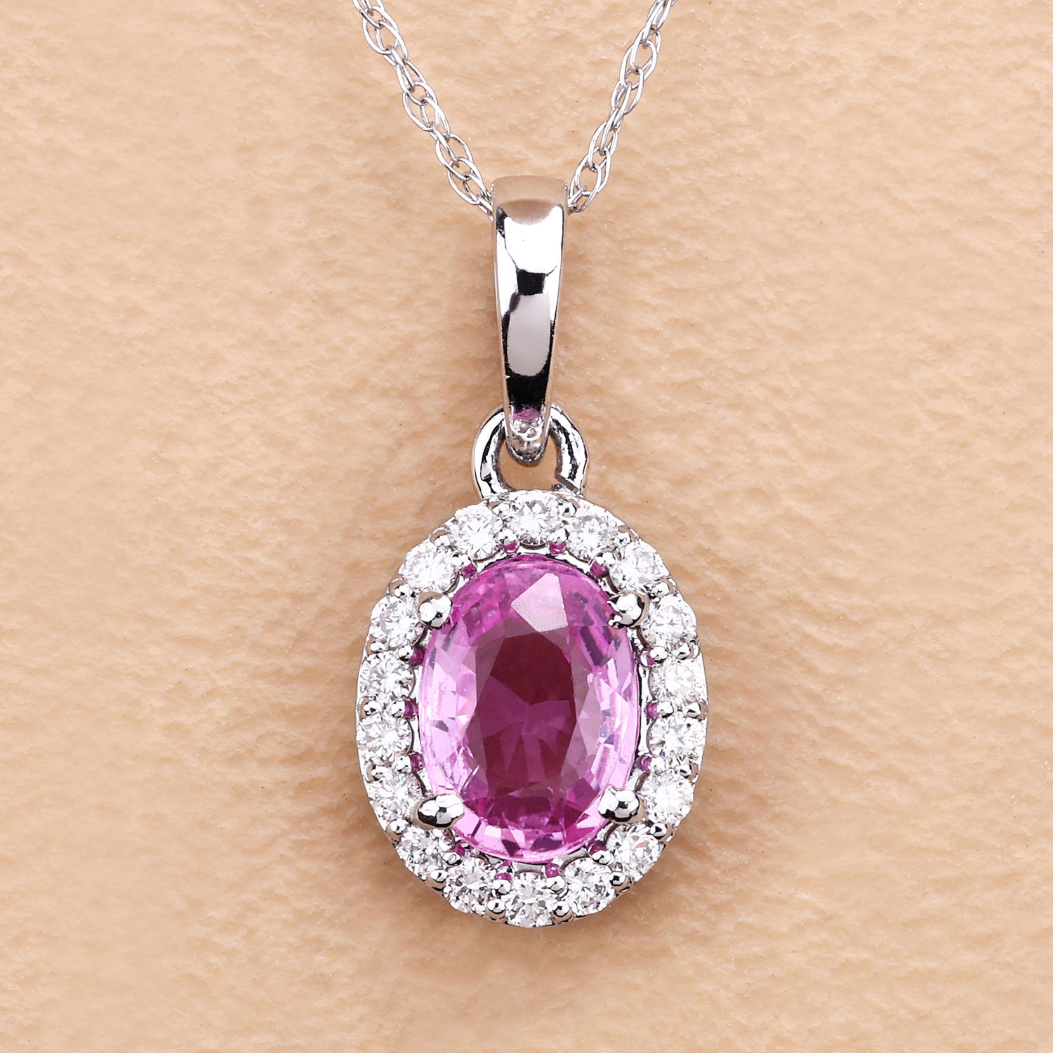 0.94 Carat Genuine Pink Sapphire and White Diamond 14K White Gold Pendant