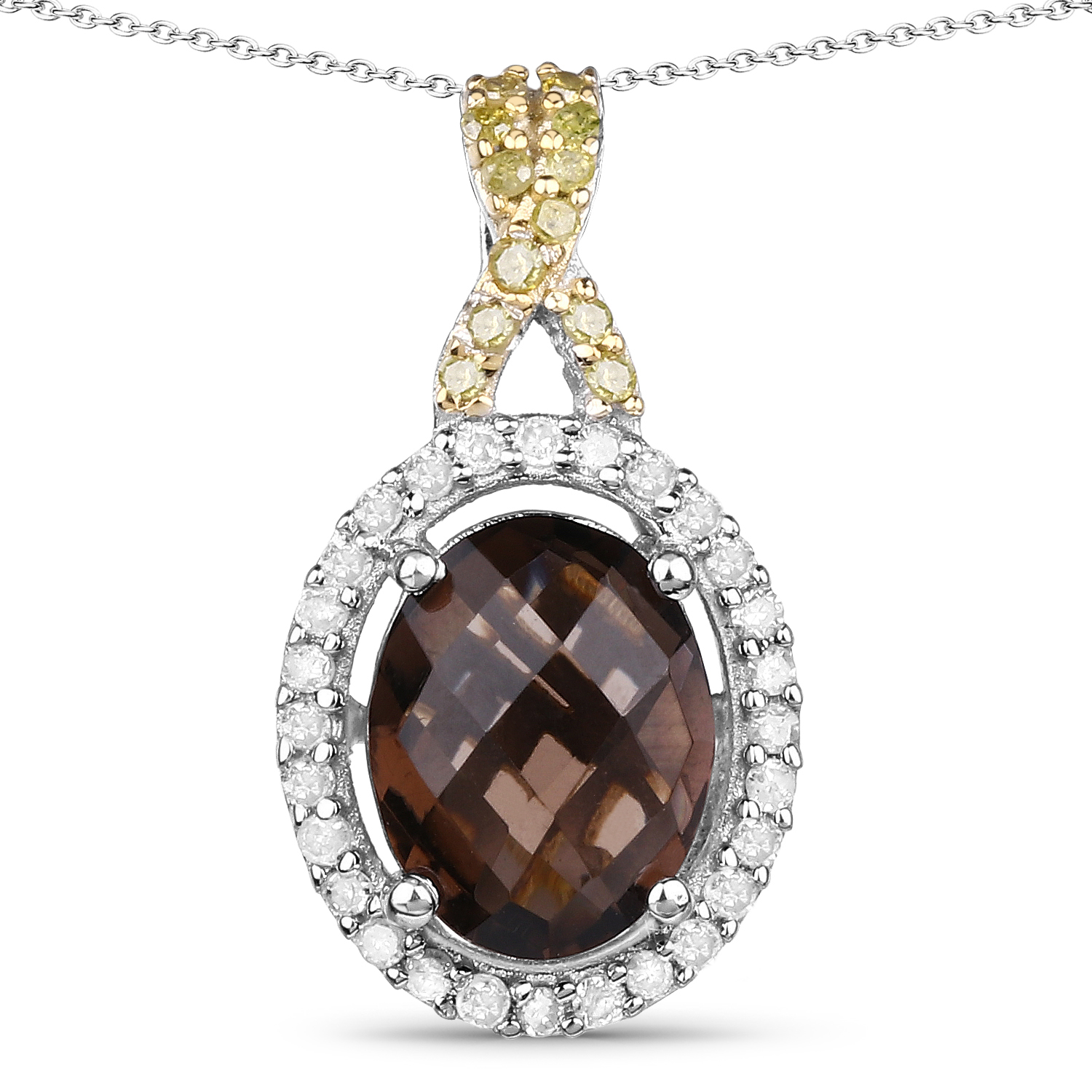 1.79 Carat Genuine Smoky Quartz, Yellow Diamond & White Diamond .925 Sterling Silver Pendant