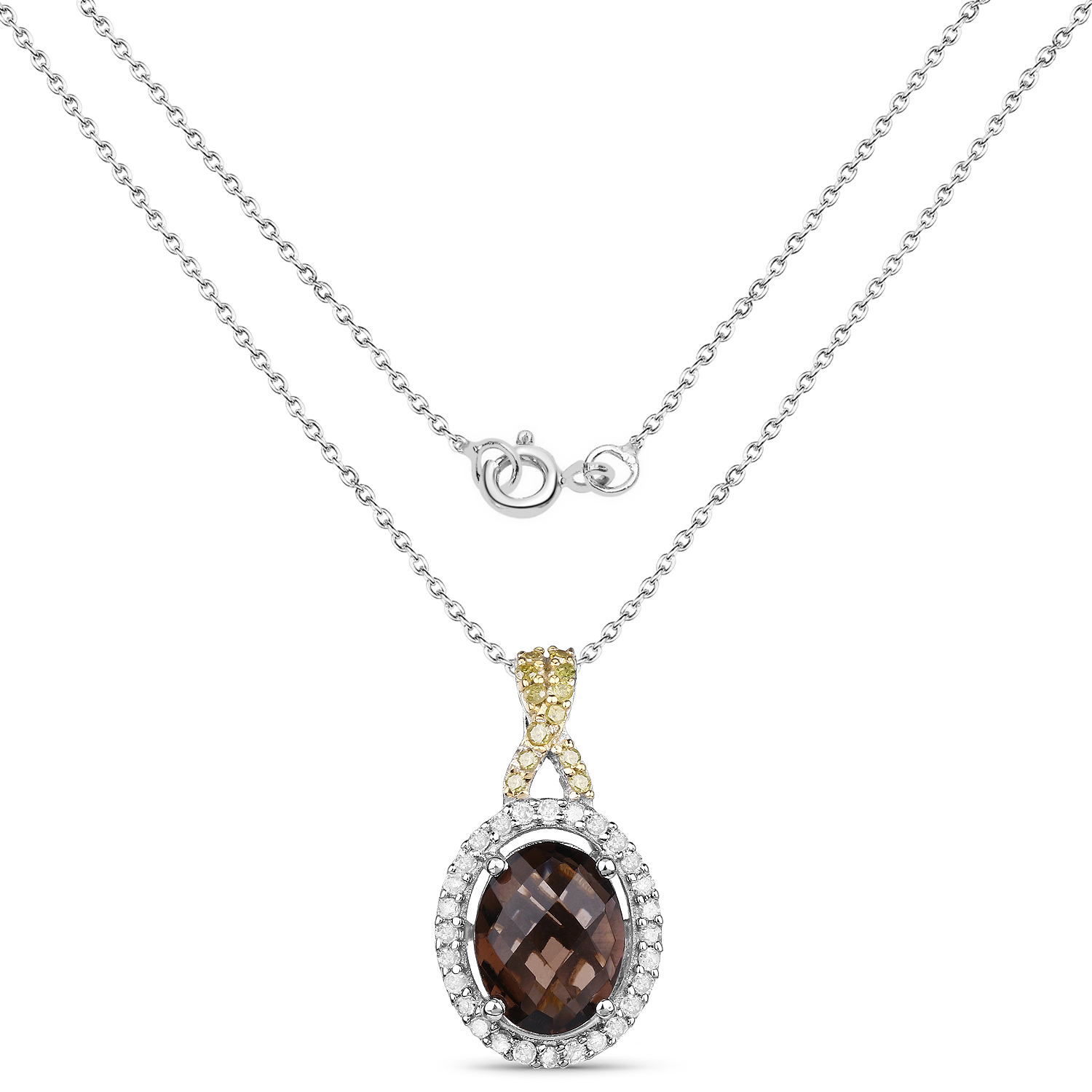 1.79 Carat Genuine Smoky Quartz, Yellow Diamond & White Diamond .925 Sterling Silver Pendant