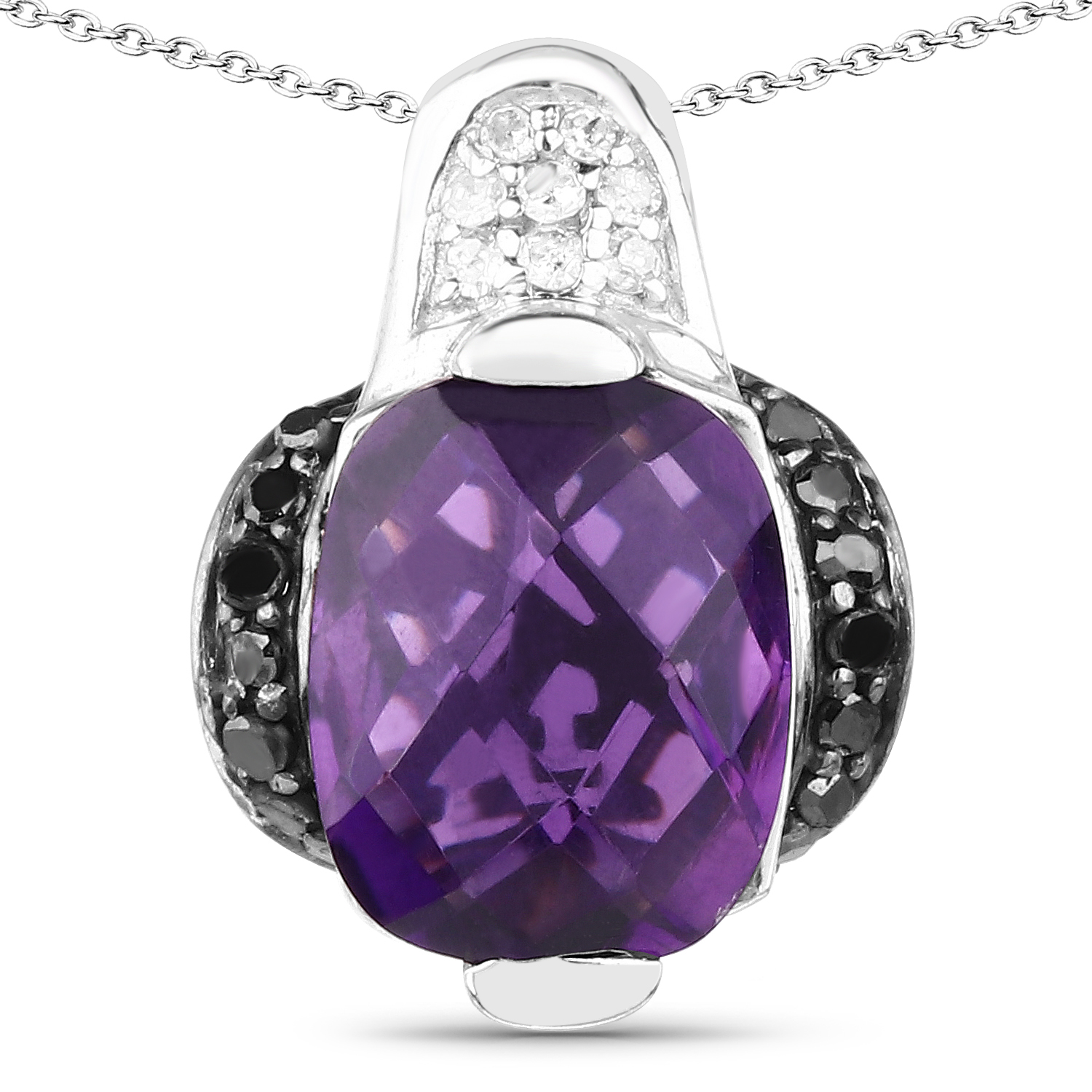3.76 Carat Genuine Amethyst, Black Diamond & White Diamond .925 Sterling Silver Pendant