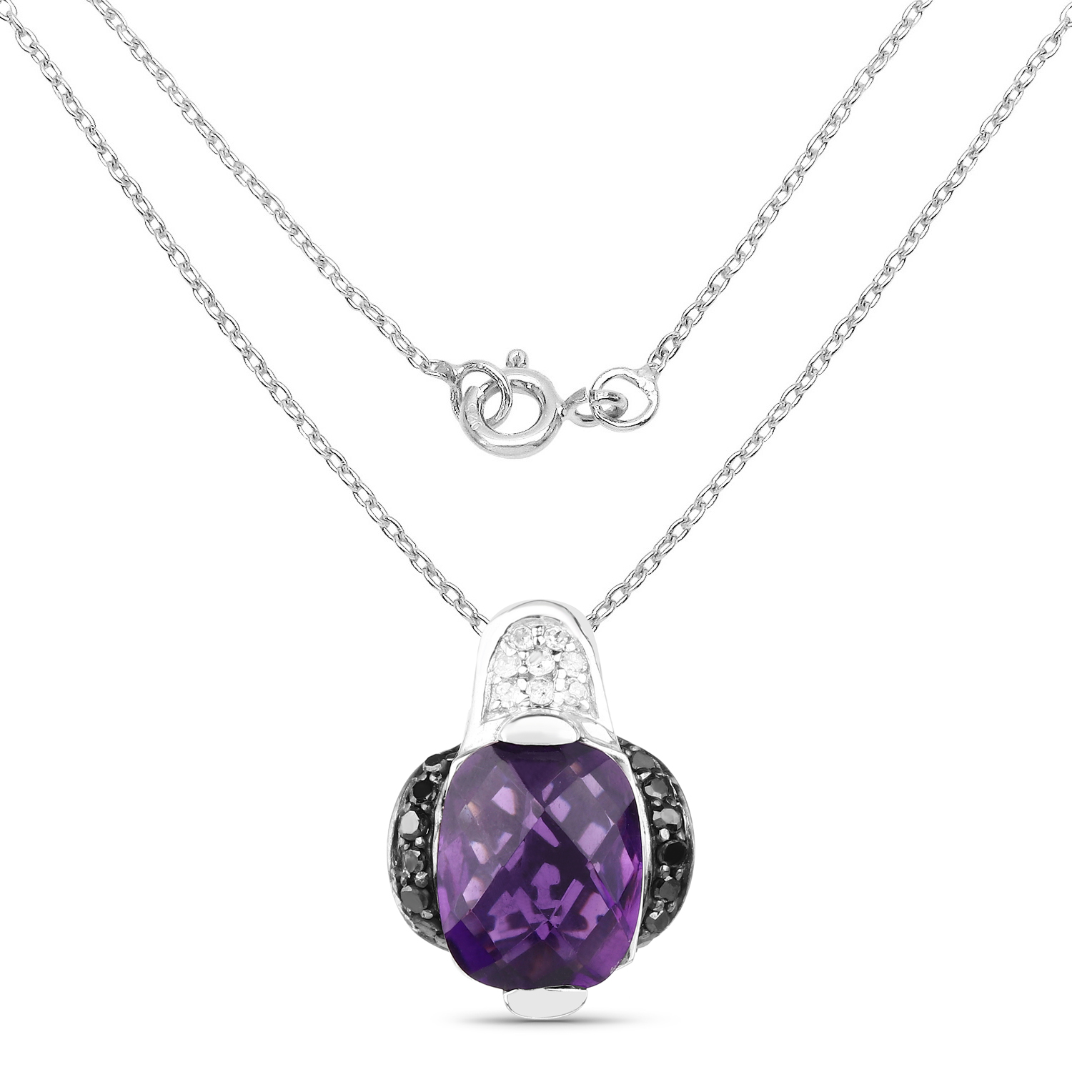 3.76 Carat Genuine Amethyst, Black Diamond & White Diamond .925 Sterling Silver Pendant