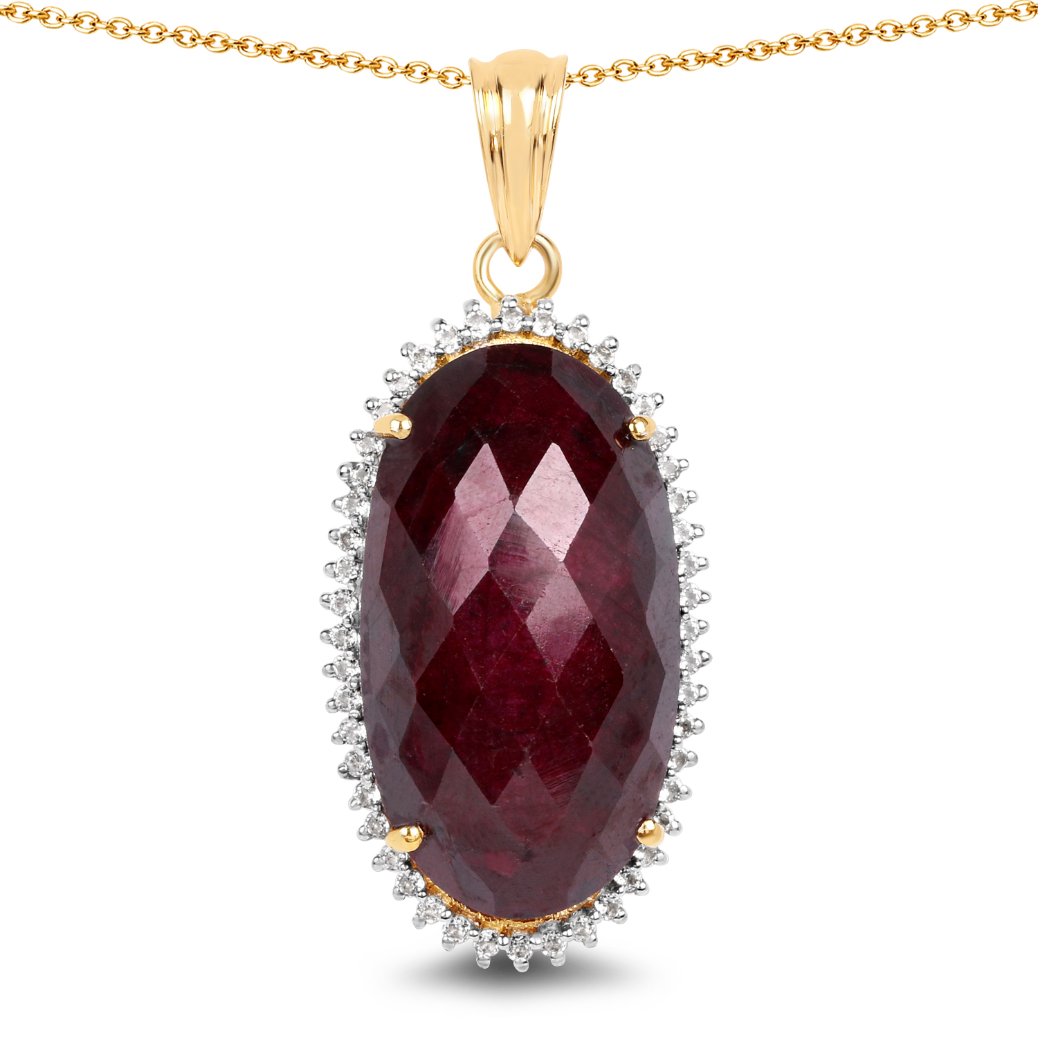14K Yellow Gold Plated 19.07 Carat Dyed Ruby and White Topaz .925 Sterling Silver Pendant