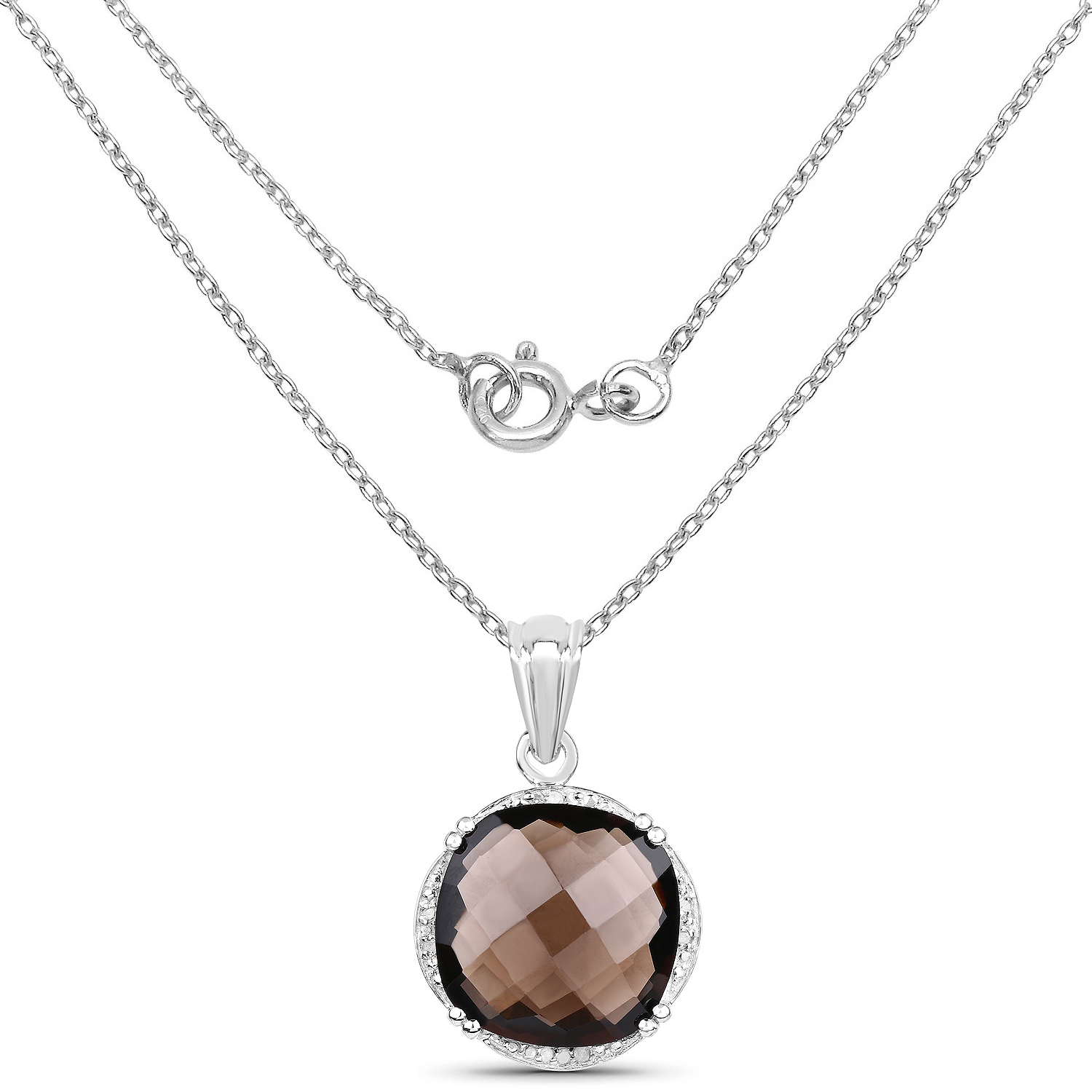 11.45 Carat Genuine Smoky Quartz and White Diamond .925 Sterling Silver Pendant