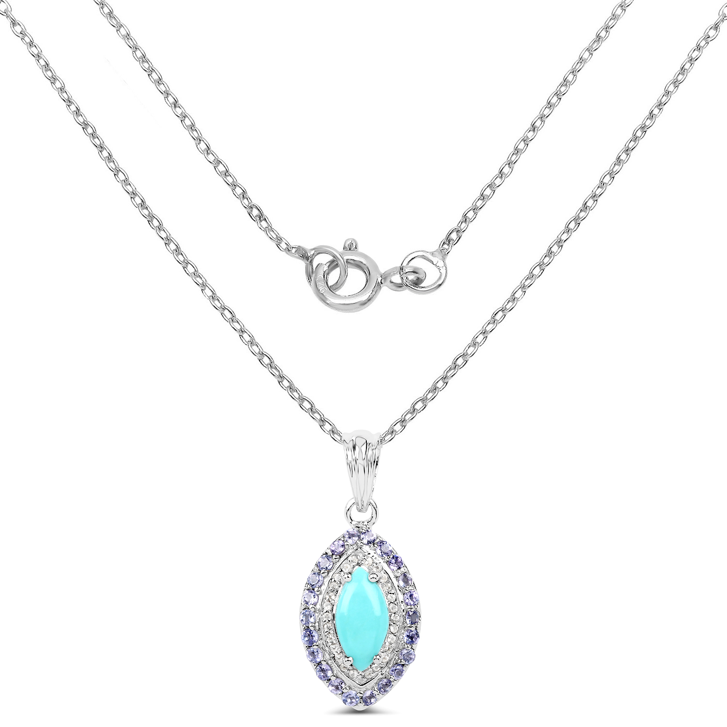 2.40 Carat Genuine Turquoise, Tanzanite and White Topaz .925 Sterling Silver Pendant