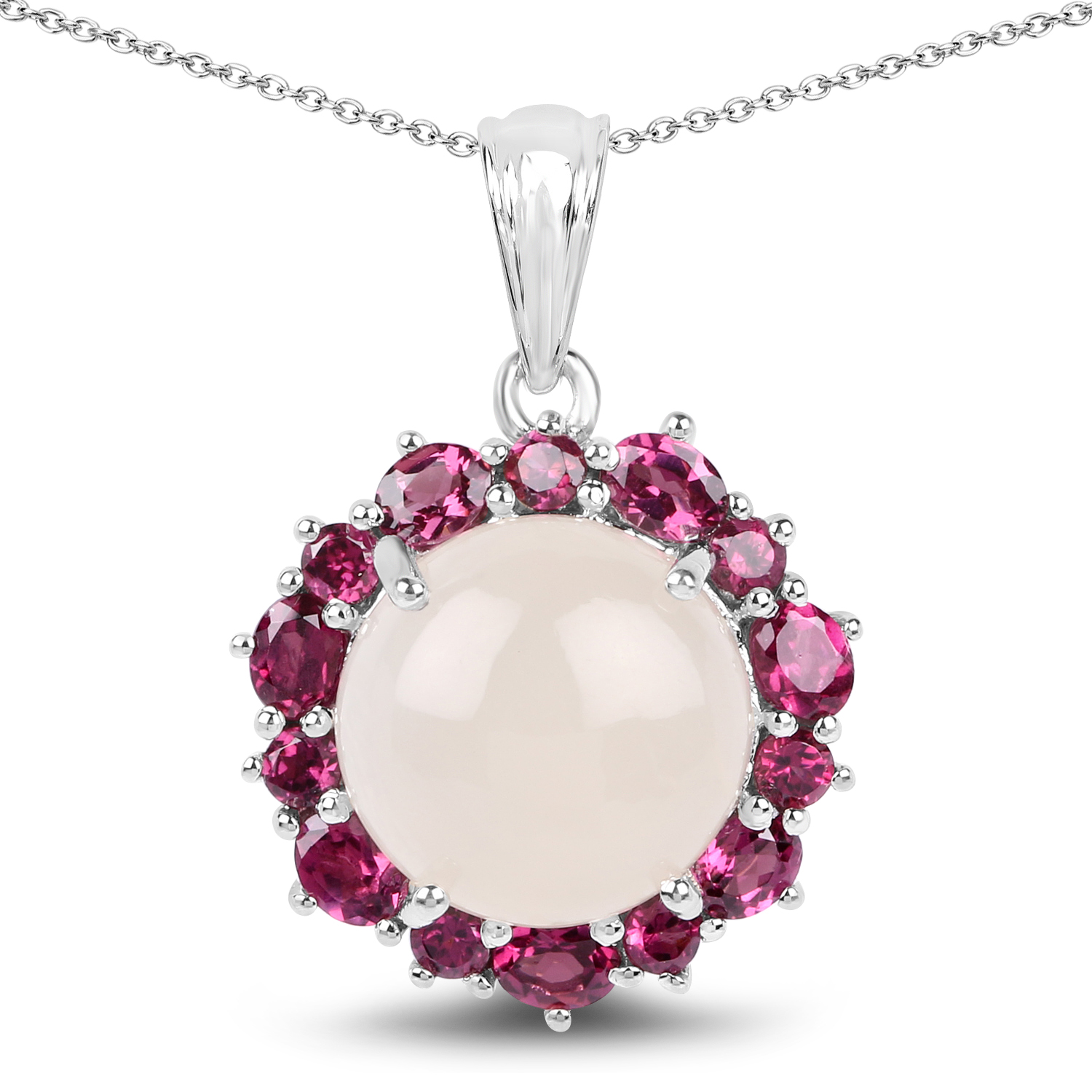 8.83 Carat Genuine White Moonstone & Rhodolite .925 Sterling Silver Pendant