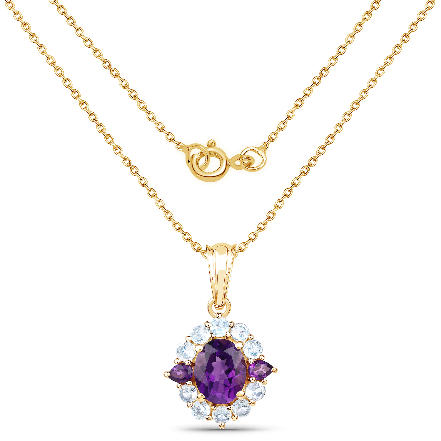 14K Yellow Gold Plated 3.70 Carat Genuine Amethyst and Blue Topaz .925 Sterling Silver Pendant