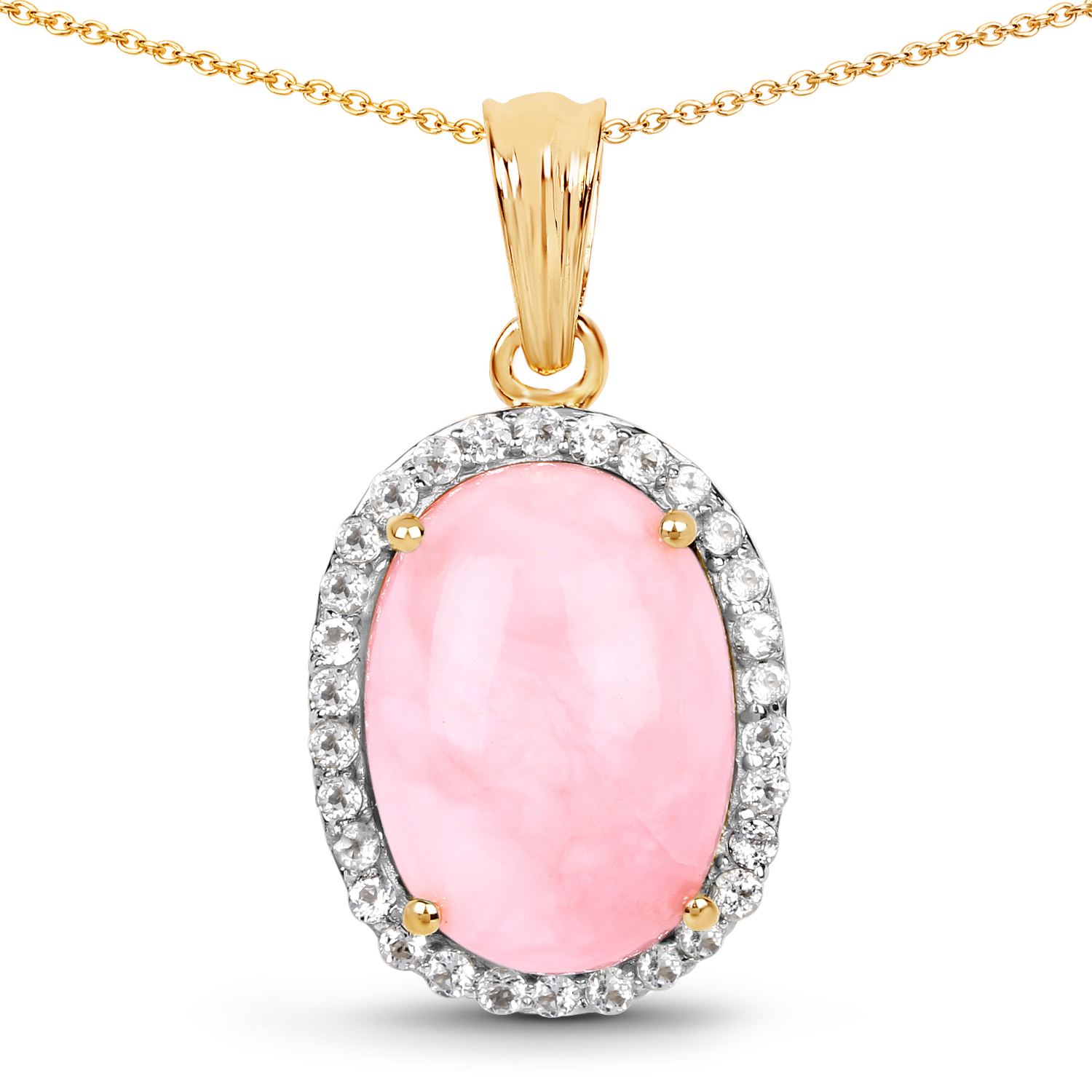 14K Yellow Gold Plated 11.75 Carat Genuine Opal Pink and White Topaz .925 Sterling Silver Pendant