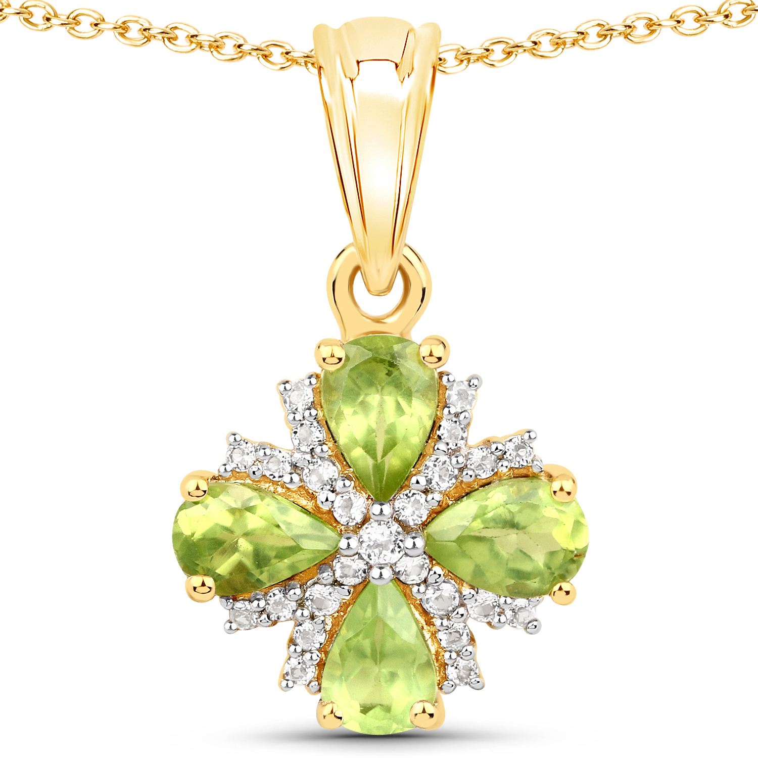 18K Yellow Gold Plated 1.79 Carat Genuine Peridot and White Topaz .925 Sterling Silver Pendant