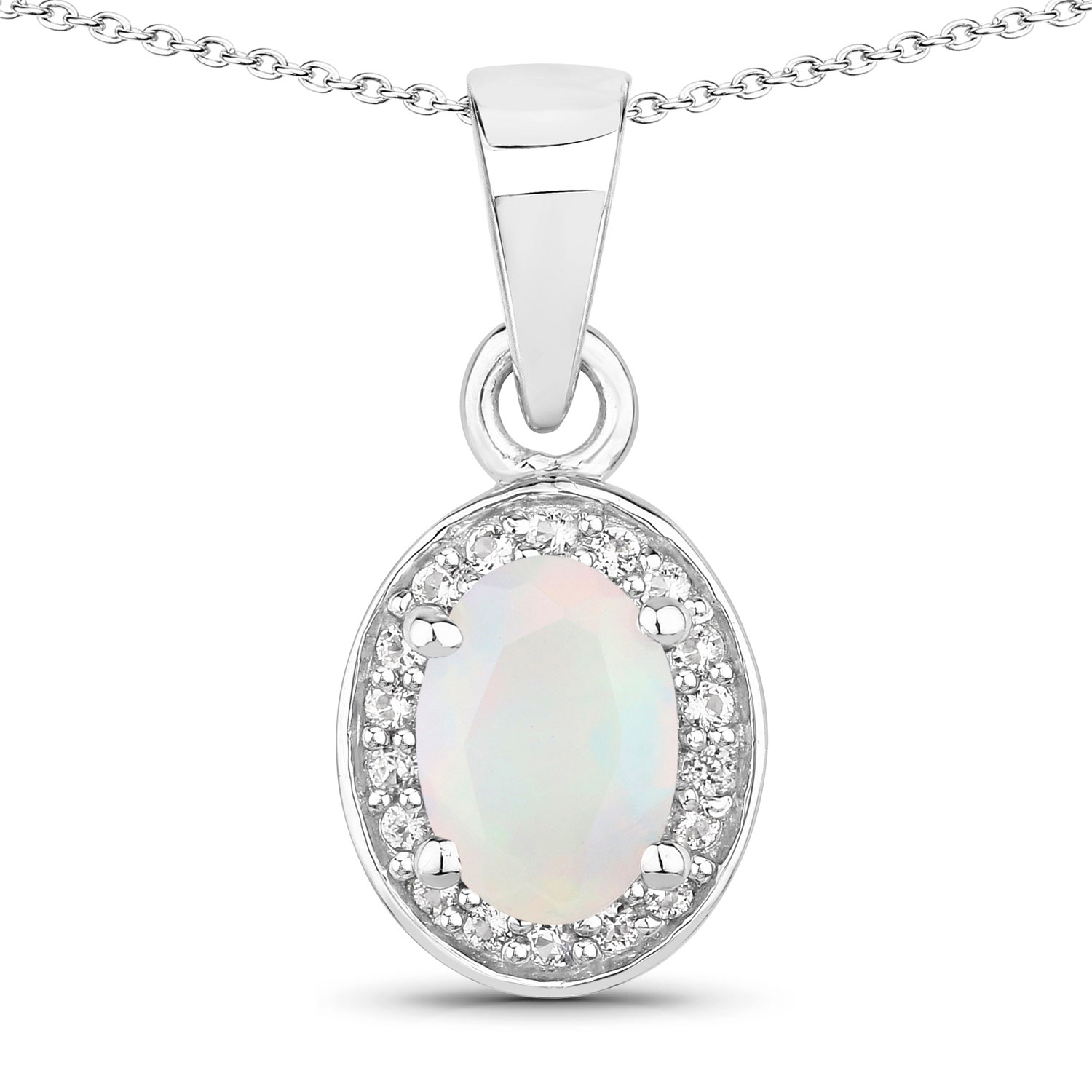 0.46 Carat Genuine Ethiopian Opal and Created White Sapphire .925 Sterling Silver Pendant