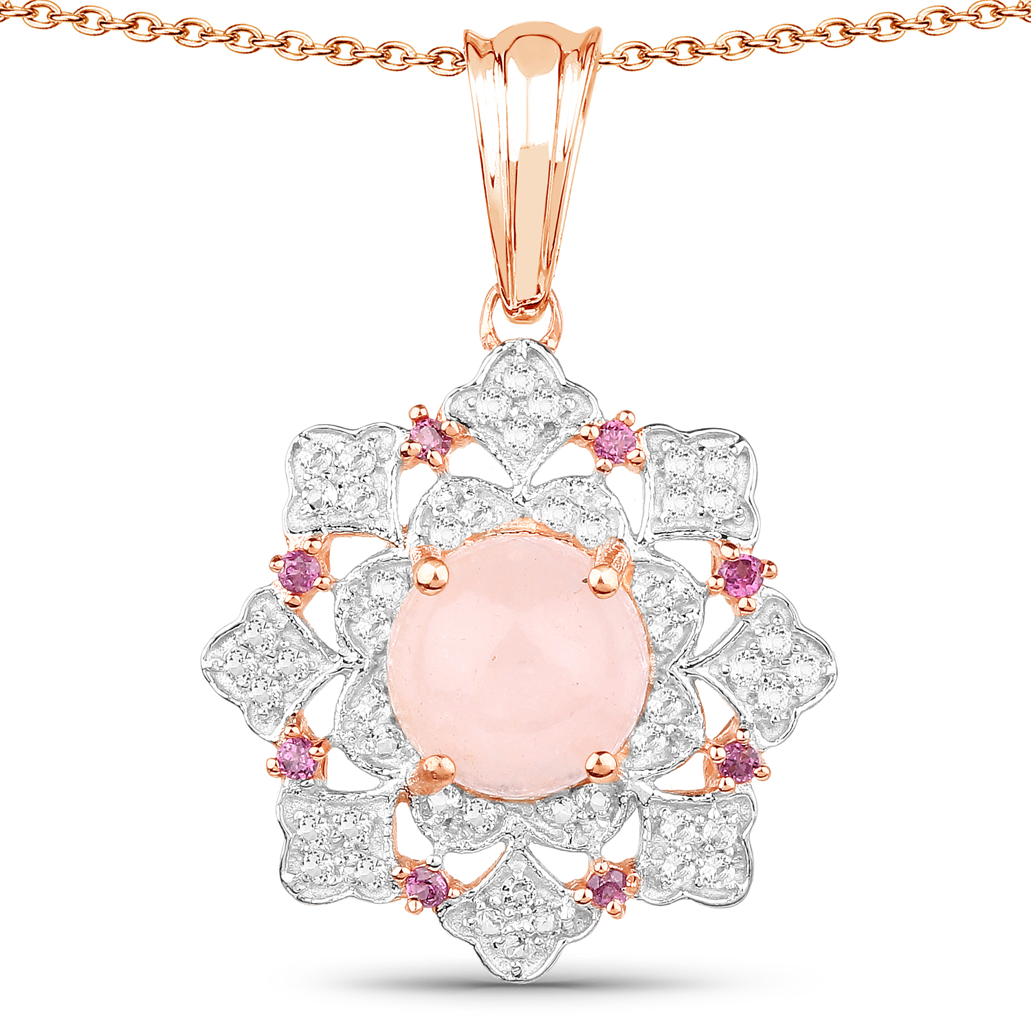 14K Rose Gold Plated 3.72 Carat Genuine Morganite, Rhodolite & White Topaz .925 Sterling Silver Pendant