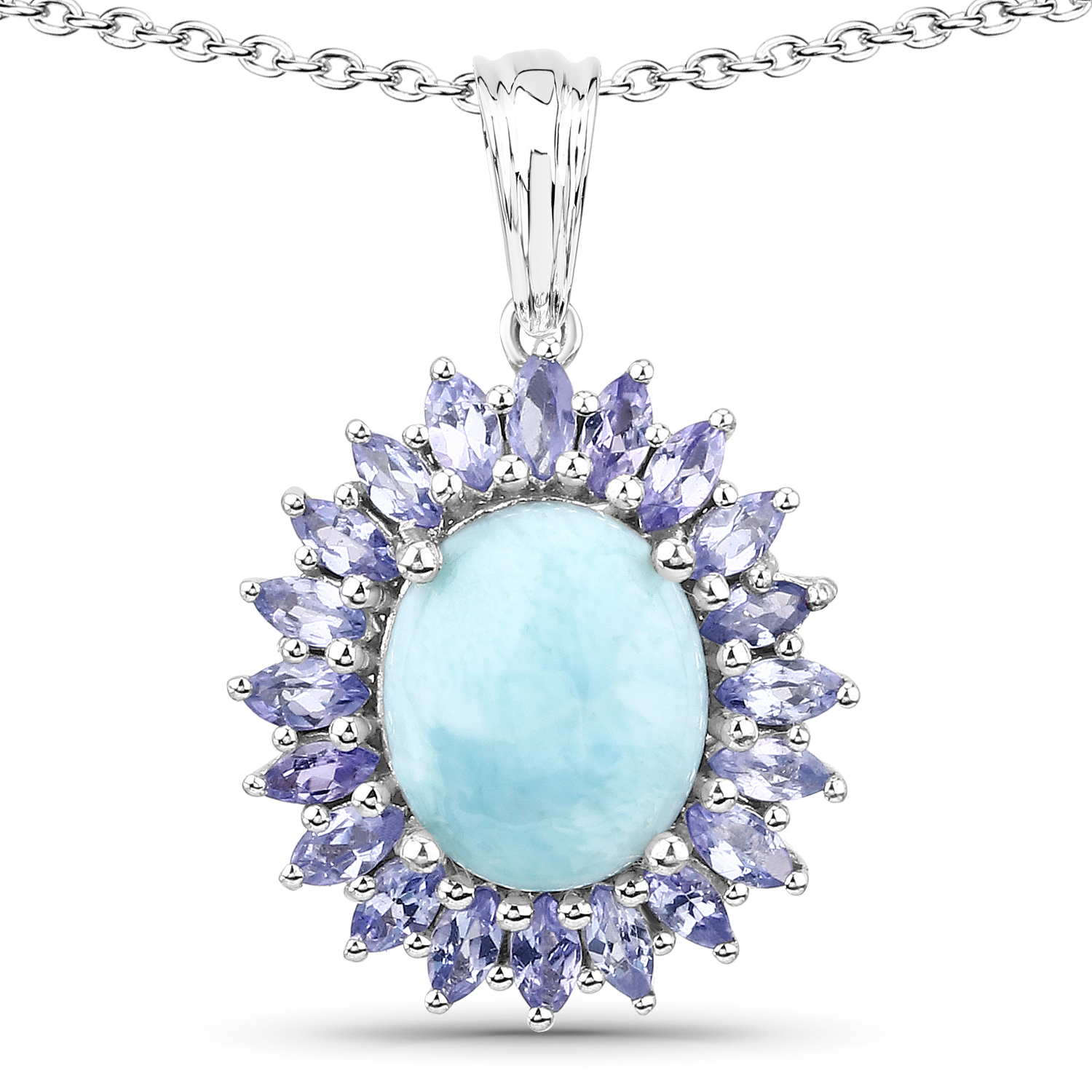 6.10 Carat Genuine Larimar and Tanzanite .925 Sterling Silver Pendant
