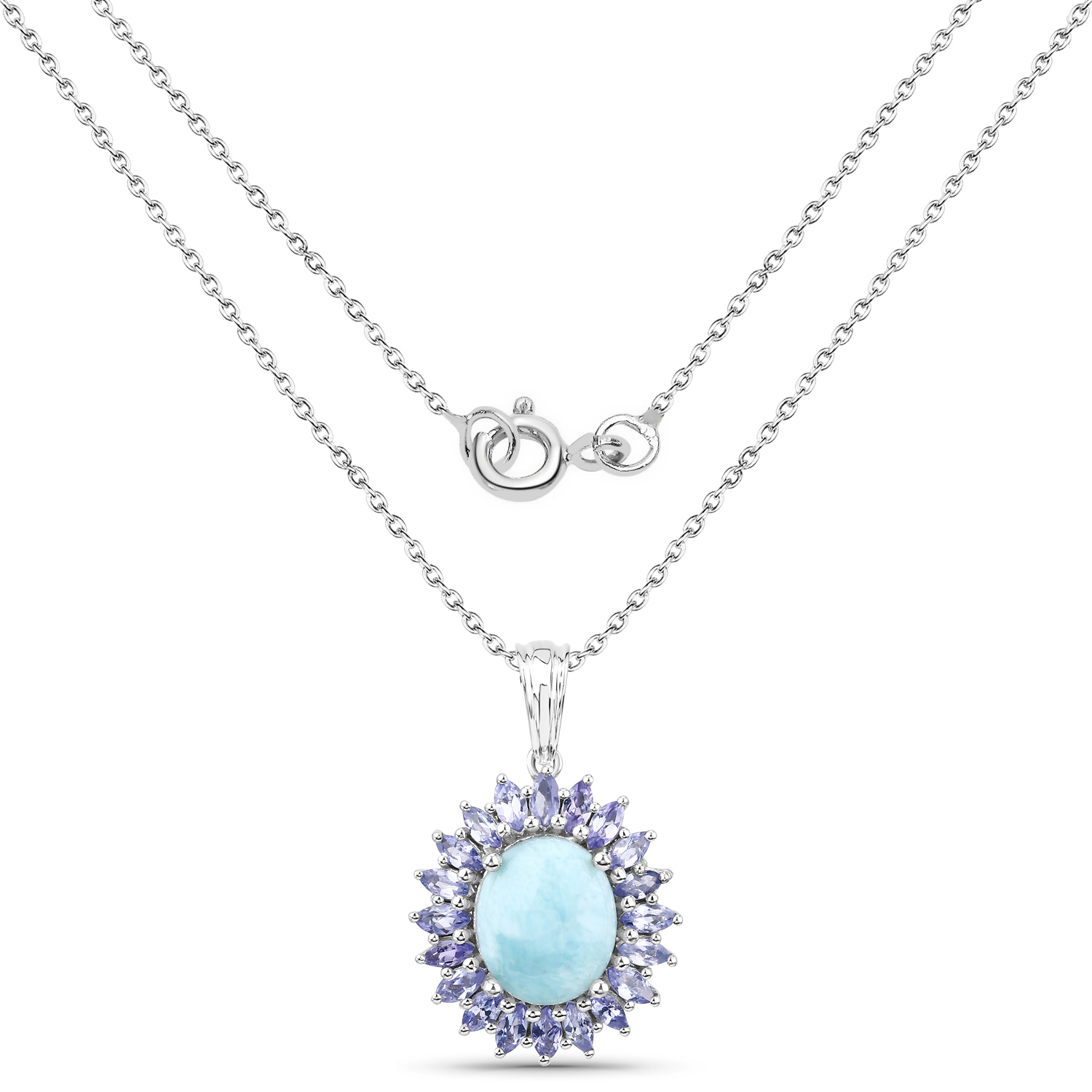 6.10 Carat Genuine Larimar and Tanzanite .925 Sterling Silver Pendant