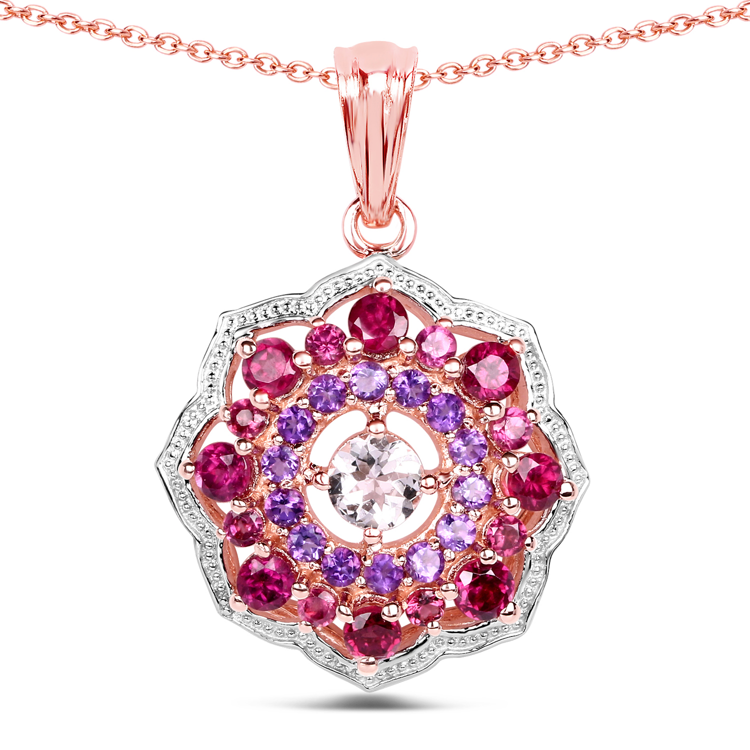 14K Rose Gold Plated 2.30 Carat Genuine Morganite, Rhodolite and Amethyst .925 Sterling Silver Pendant