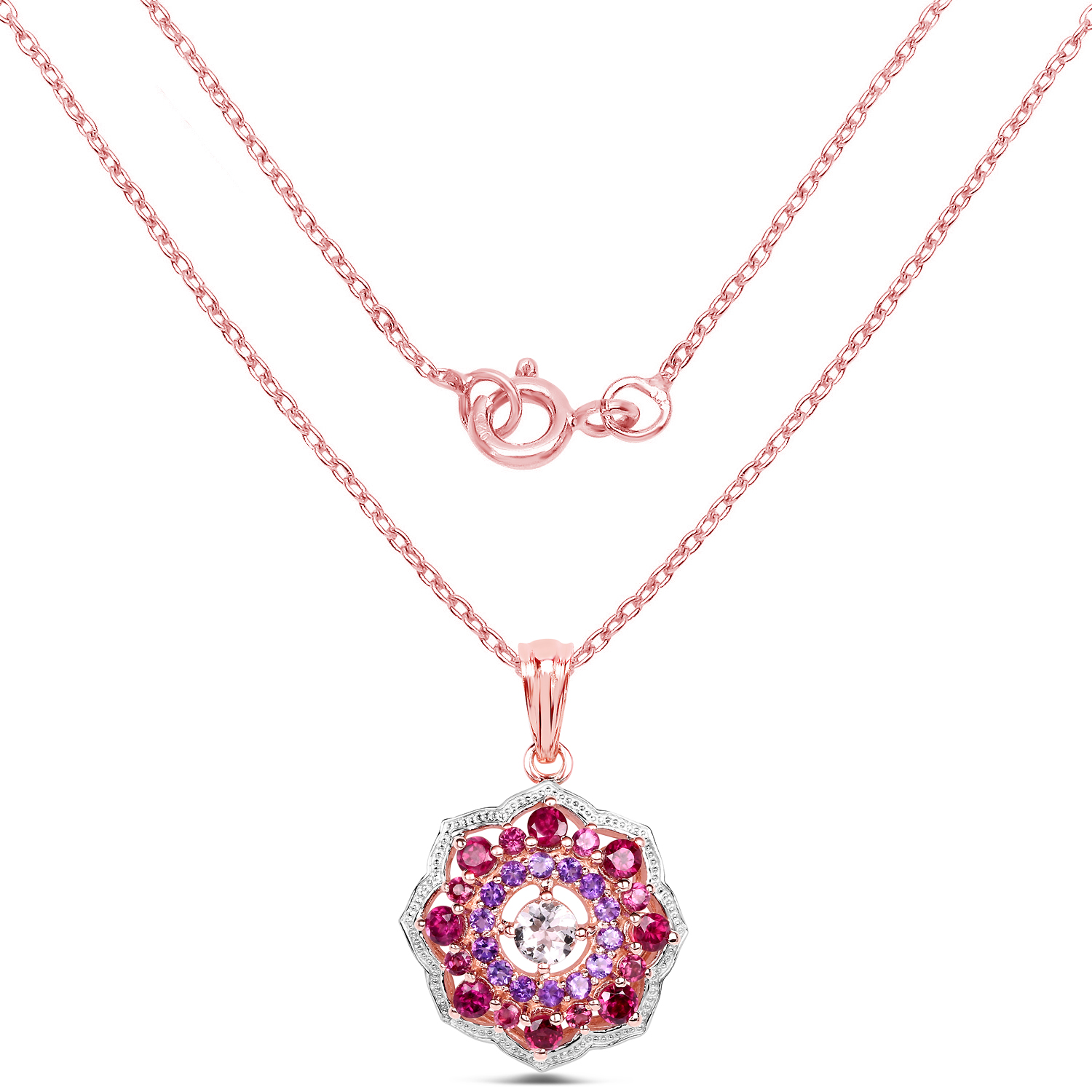 14K Rose Gold Plated 2.30 Carat Genuine Morganite, Rhodolite and Amethyst .925 Sterling Silver Pendant