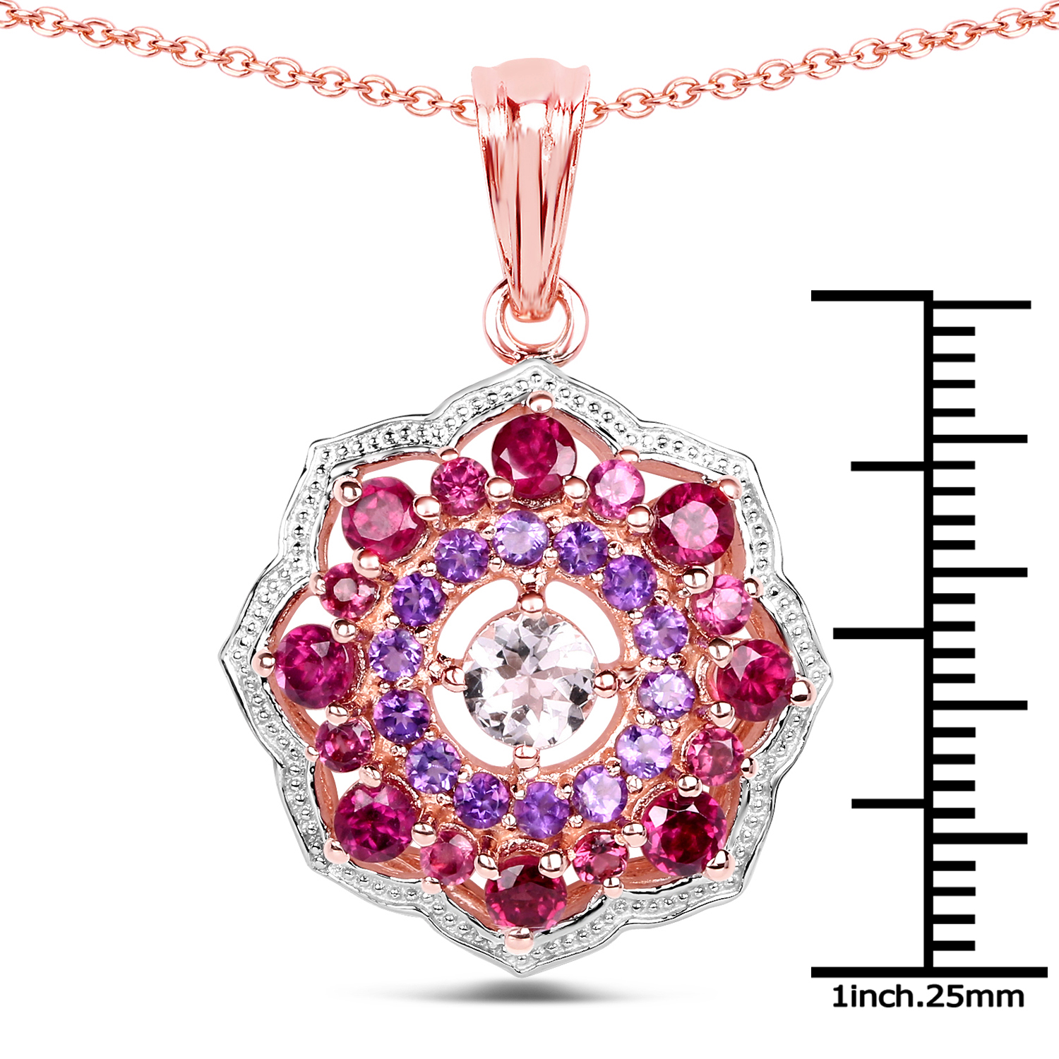 14K Rose Gold Plated 2.30 Carat Genuine Morganite, Rhodolite and Amethyst .925 Sterling Silver Pendant