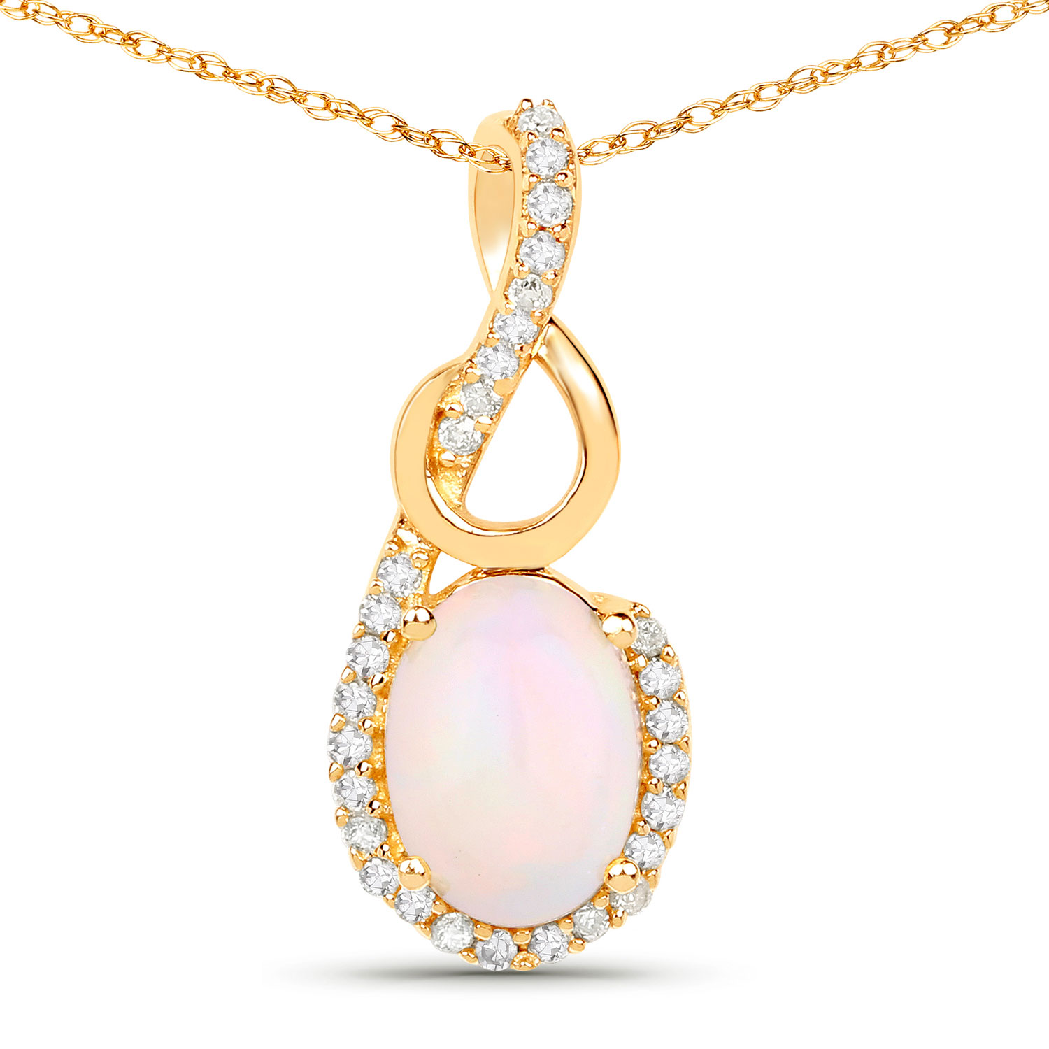 0.56 Carat Genuine Ethiopian Opal and White Diamond 14K Yellow Gold Pendant