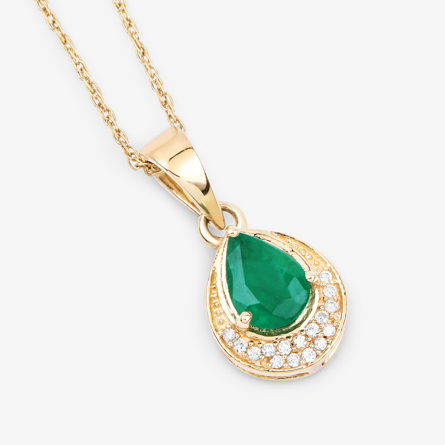 0.89 Carat Genuine Zambian Emerald and White Diamond 14K Yellow Gold Pendant
