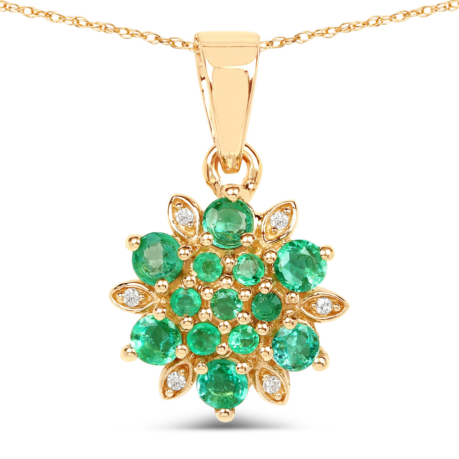 0.72 Carat Genuine Zambian Emerald and White Diamond 14K Yellow Gold Pendant