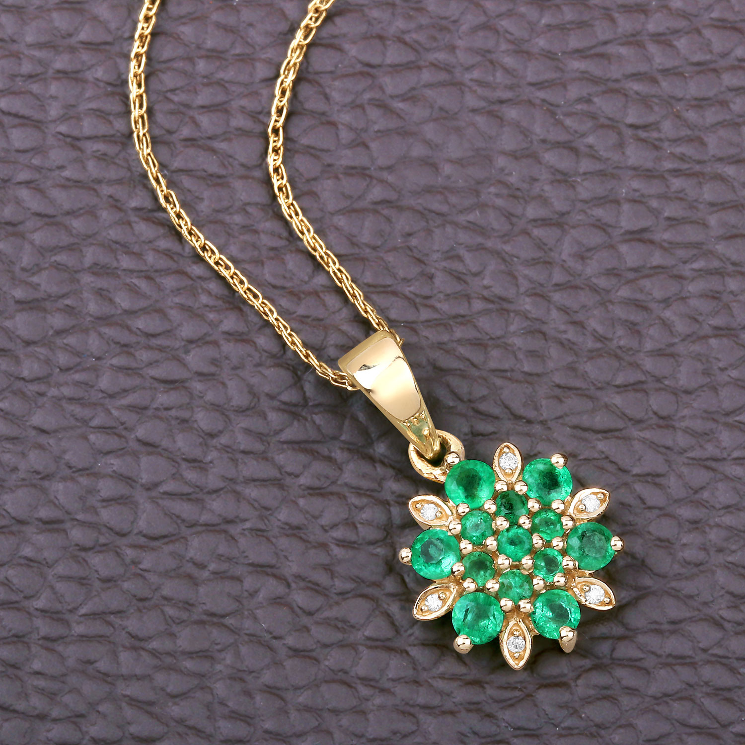 0.72 Carat Genuine Zambian Emerald and White Diamond 14K Yellow Gold Pendant