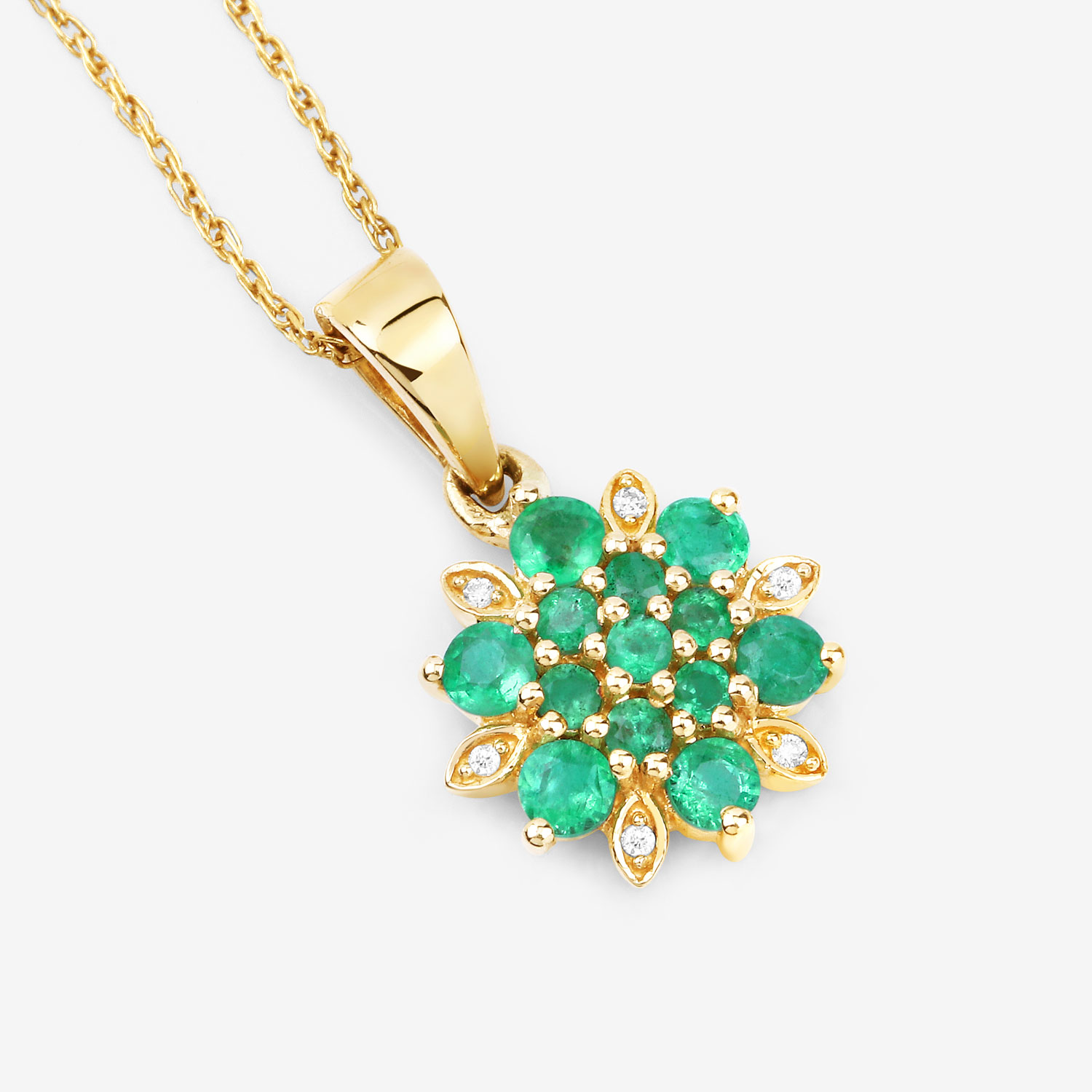 0.72 Carat Genuine Zambian Emerald and White Diamond 14K Yellow Gold Pendant