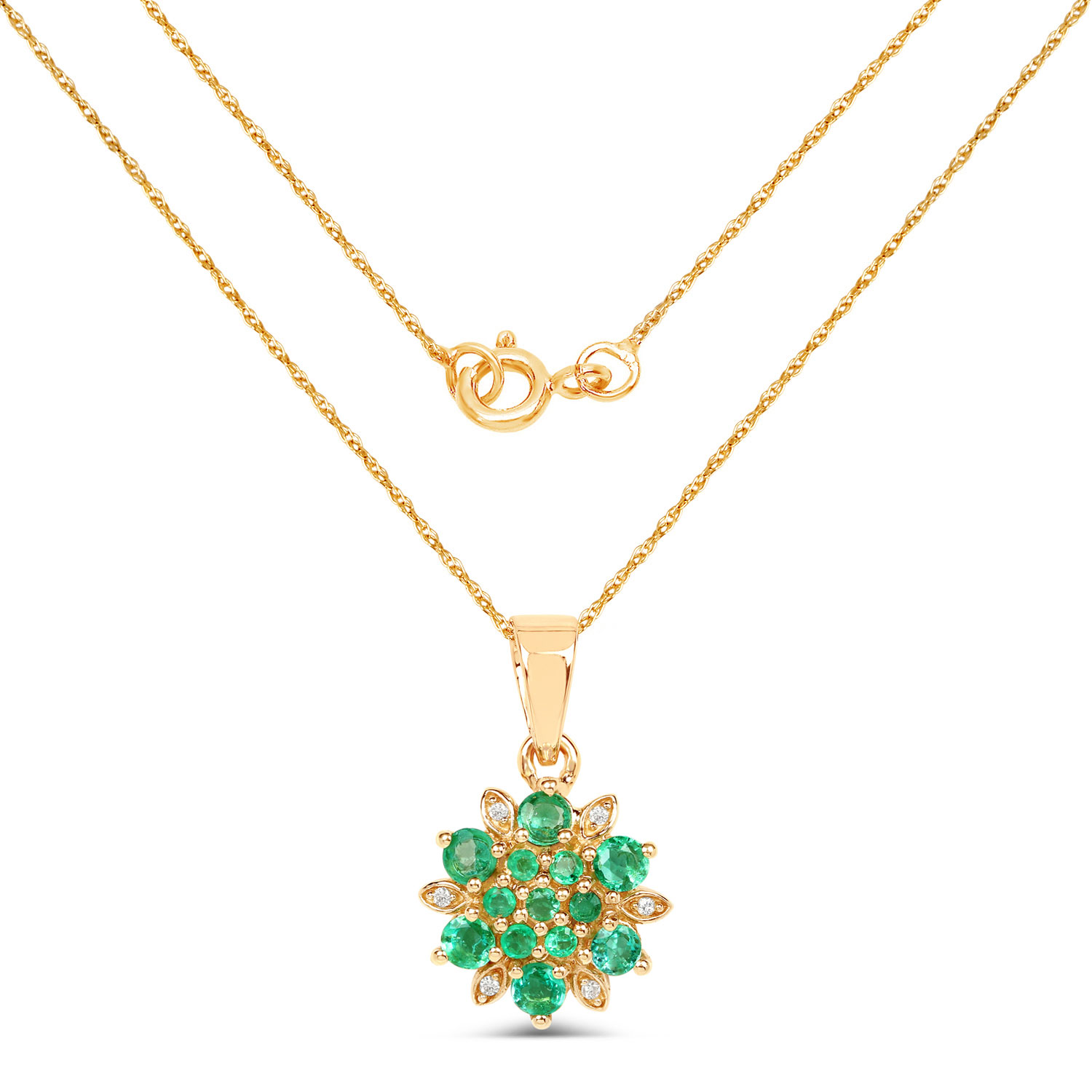 0.72 Carat Genuine Zambian Emerald and White Diamond 14K Yellow Gold Pendant