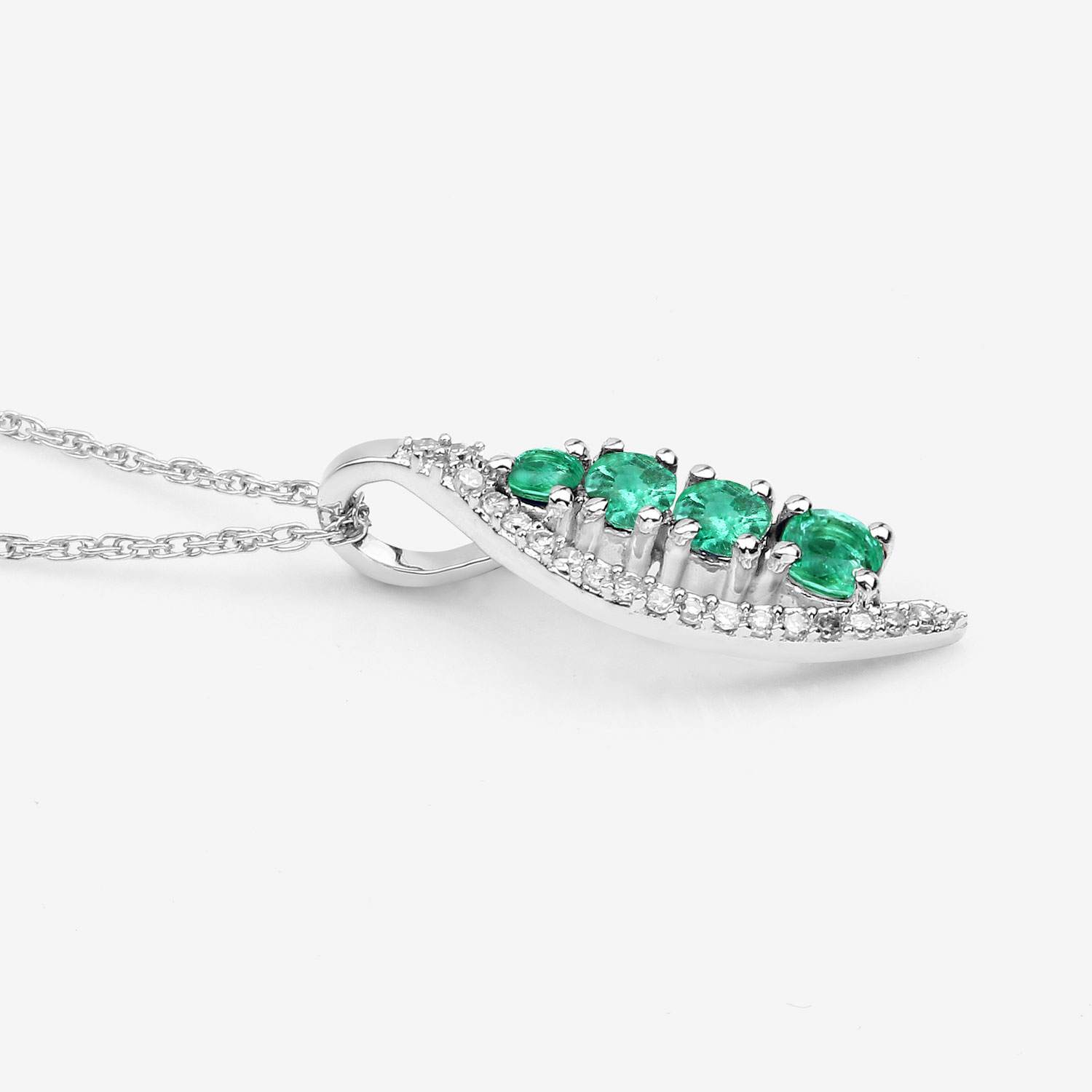 0.34 Carat Genuine Zambian Emerald and White Diamond 14K White Gold Pendant