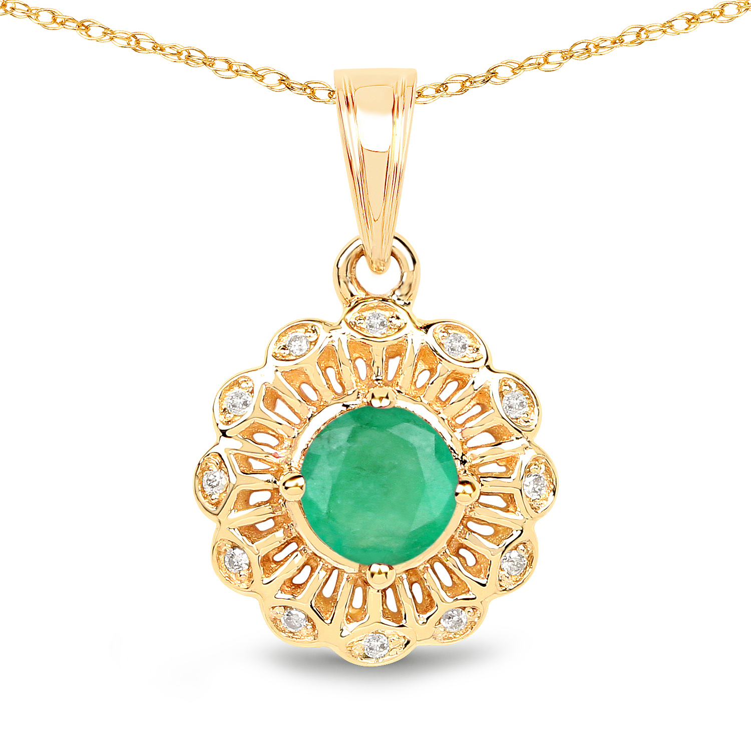 0.46 Carat Genuine Zambian Emerald and White Diamond 14K Yellow Gold Pendant