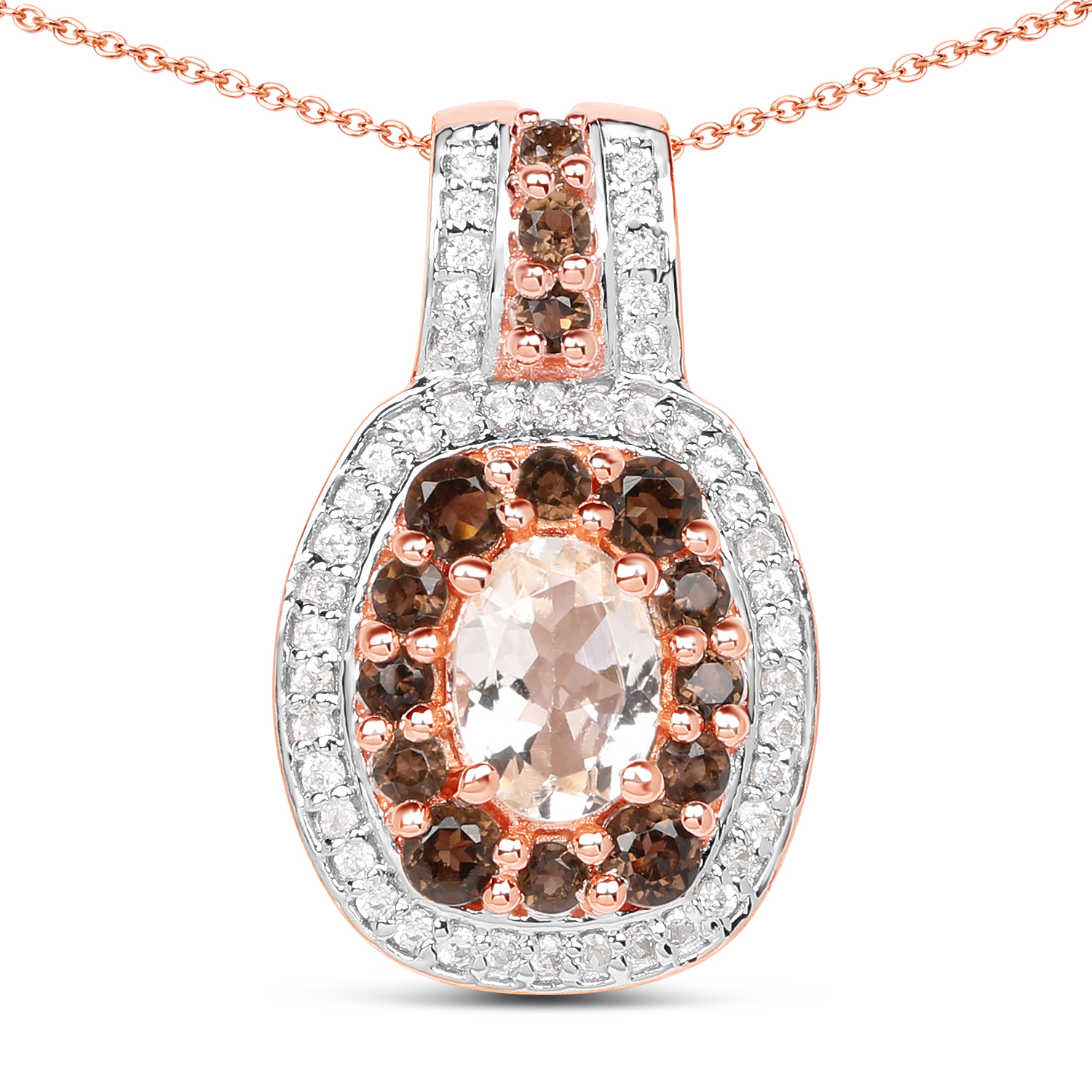 18K Rose Gold Plated 1.50 Carat Genuine Morganite, Smoky Quartz and White Zircon .925 Sterling Silver Pendant