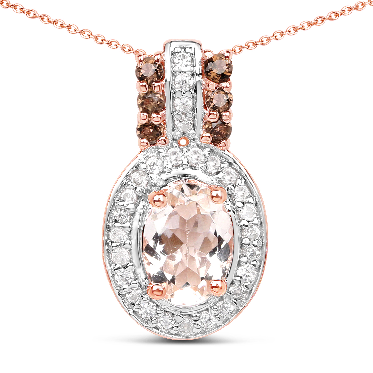 18K Rose Gold Plated 0.95 Carat Genuine Morganite, Smoky Quartz and White Zircon .925 Sterling Silver Pendant
