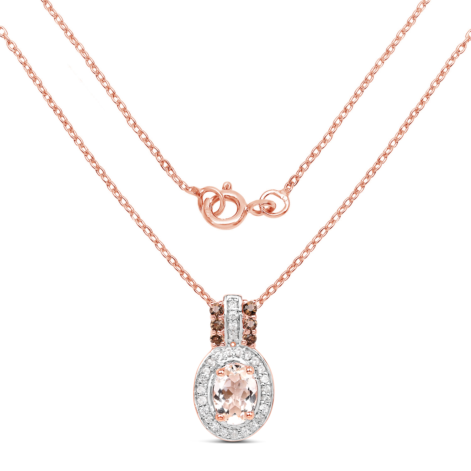 18K Rose Gold Plated 0.95 Carat Genuine Morganite, Smoky Quartz and White Zircon .925 Sterling Silver Pendant