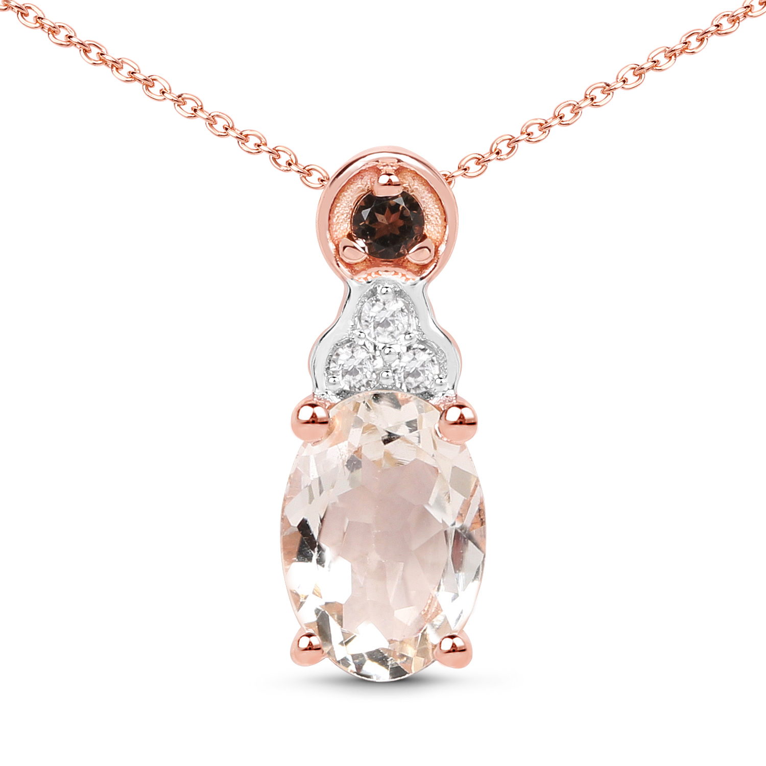 18K Rose Gold Plated 0.75 Carat Genuine Morganite, Smoky Quartz and White Zircon .925 Sterling Silver Pendant