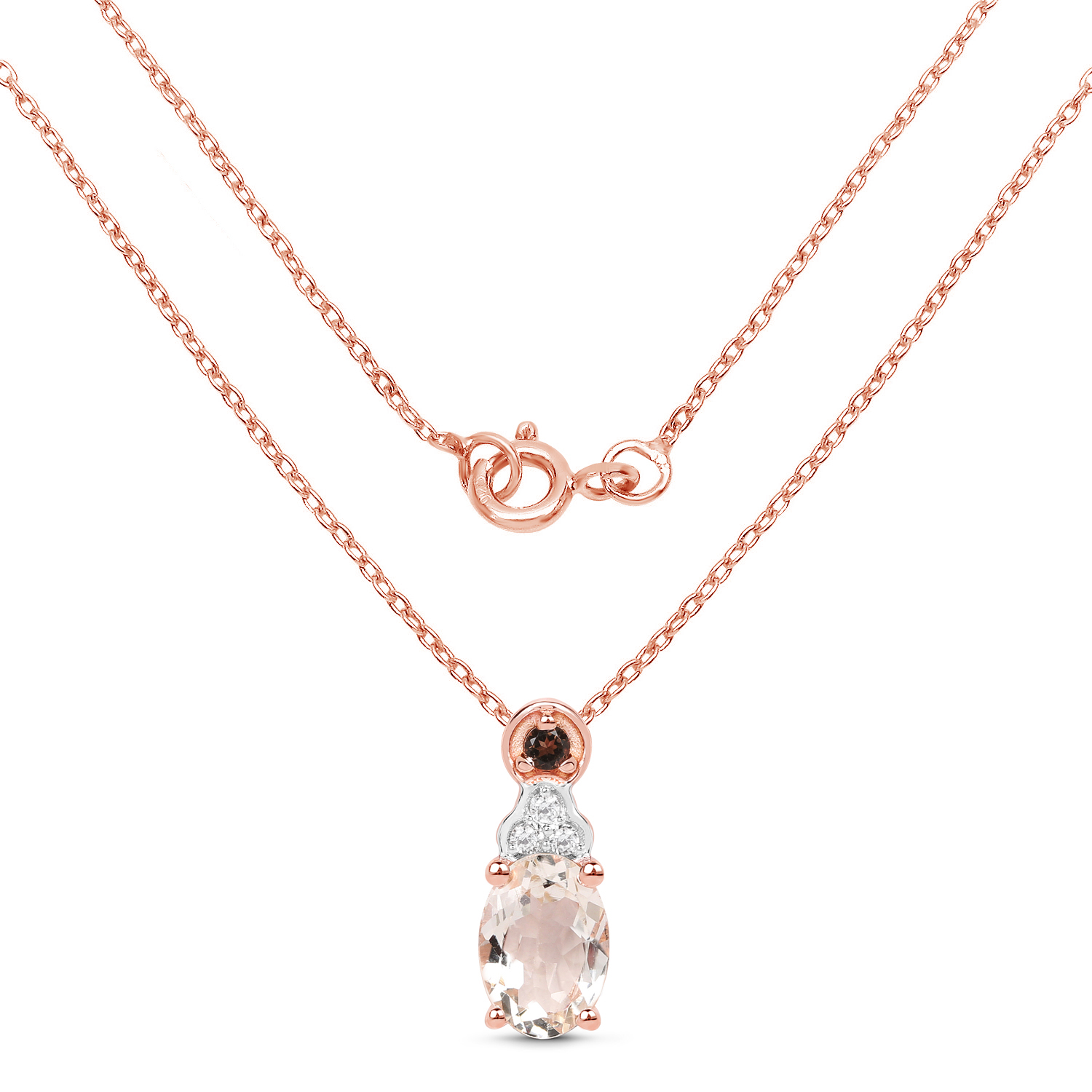 18K Rose Gold Plated 0.75 Carat Genuine Morganite, Smoky Quartz and White Zircon .925 Sterling Silver Pendant