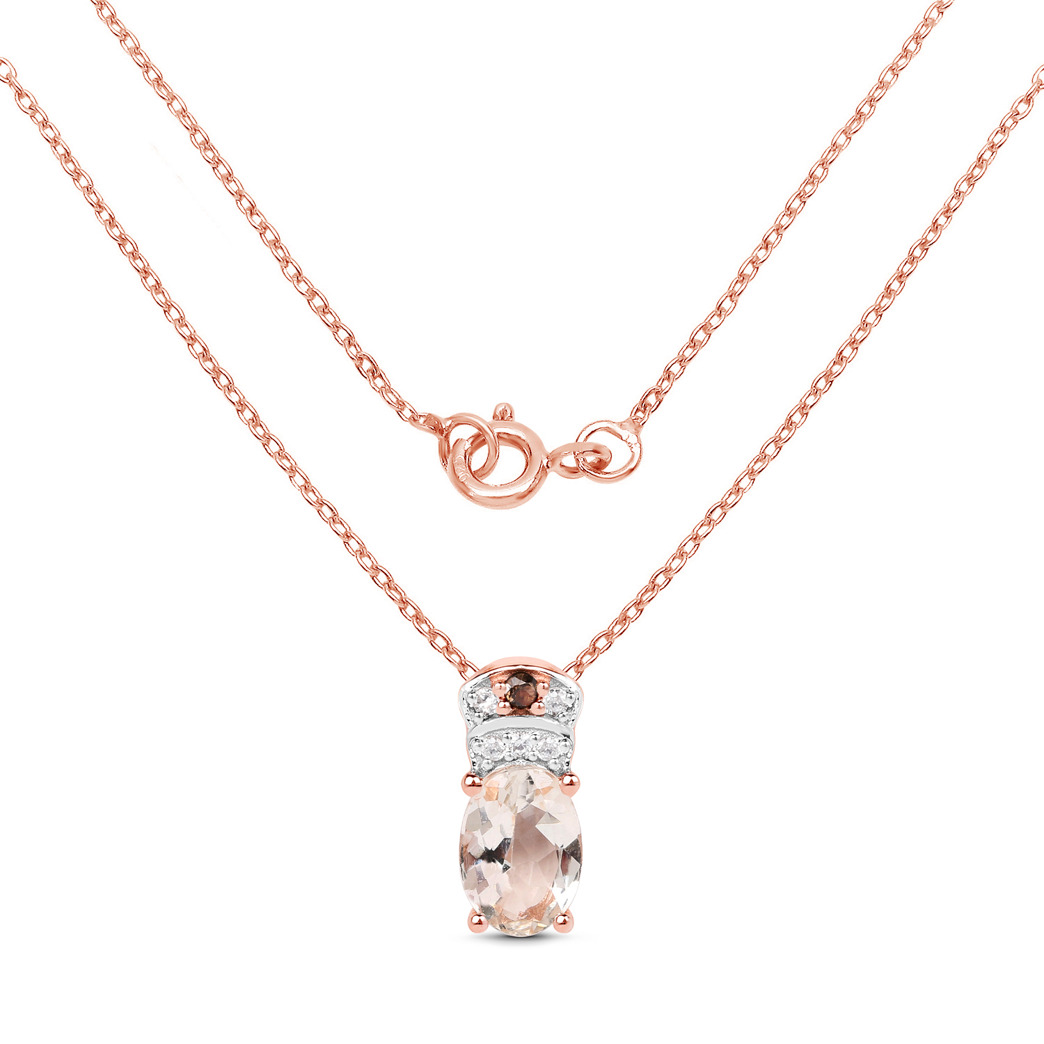 18K Rose Gold Plated 0.75 Carat Genuine Morganite, Smoky Quartz and White Zircon .925 Sterling Silver Pendant